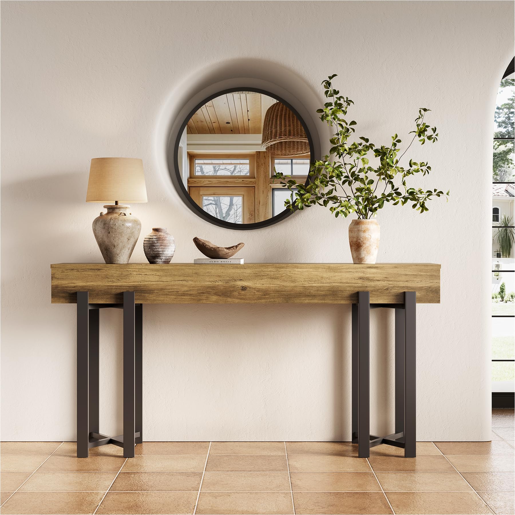 Tribesigns Mesa consola estrecha de 160 cm en estilo rústico, ahorra espacio para pasillo, pasillo y salón, como mesa de centro detrás del sofá o escritorio de oficina en casa con estructura de metal