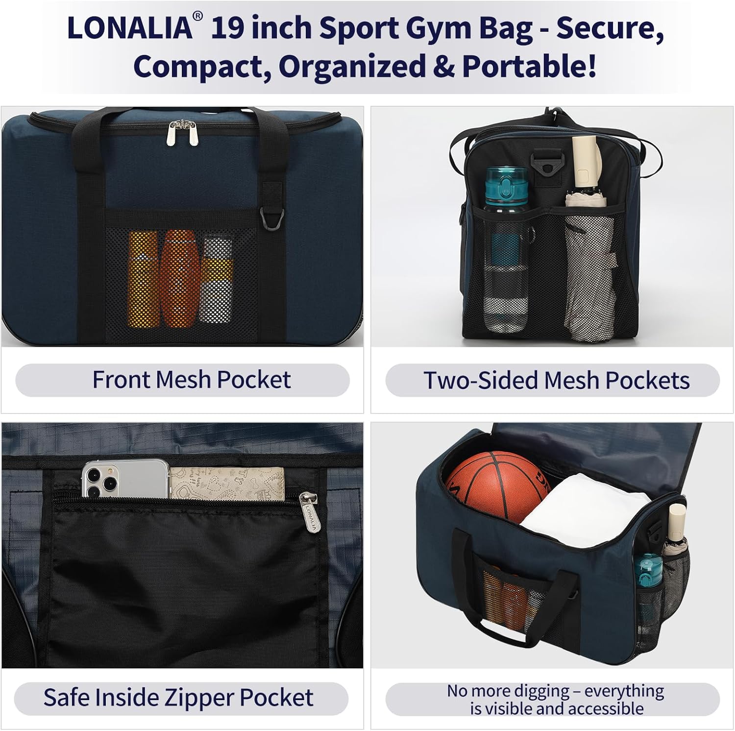35L Sports Gym Duffle Bag - 19 inch Weekender Duffel for Workout, Basketball, Fitness, Training (Navy Blue)