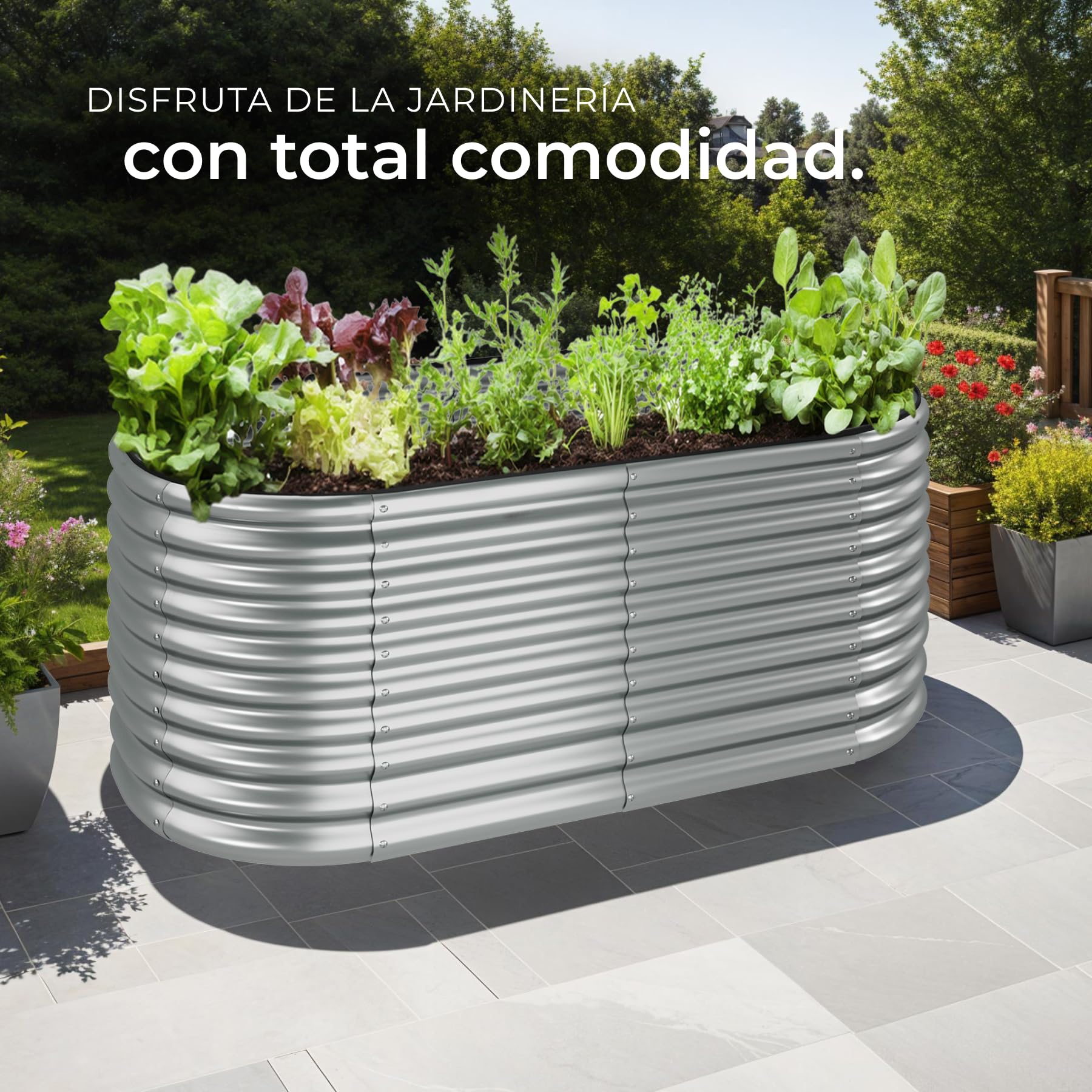 tectake® arriate Rectangular sin Base, Acero Resistente a la Intemperie, huerto Urbano, jardineras Exterior, Usar con Tierra para Plantas, Incluye Guantes - 100 x 200 x 80 cm Plateado Redondeado