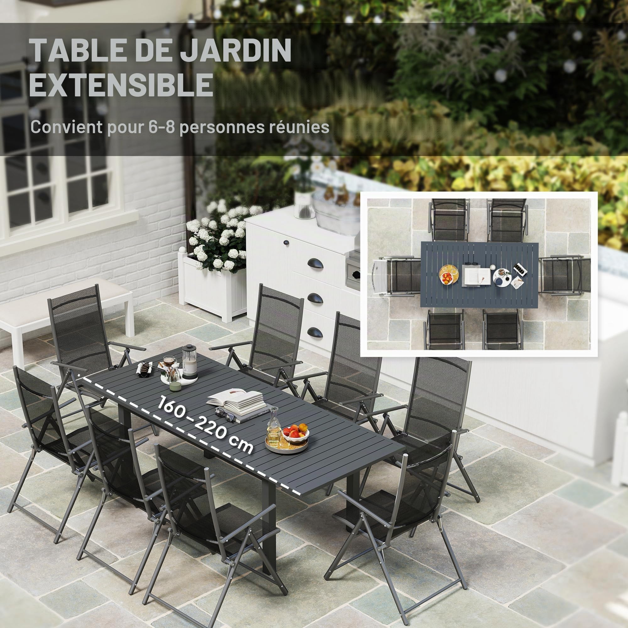 Outsunny Table de Jardin Extensible Aluminium 160/220x90x73cm Gris