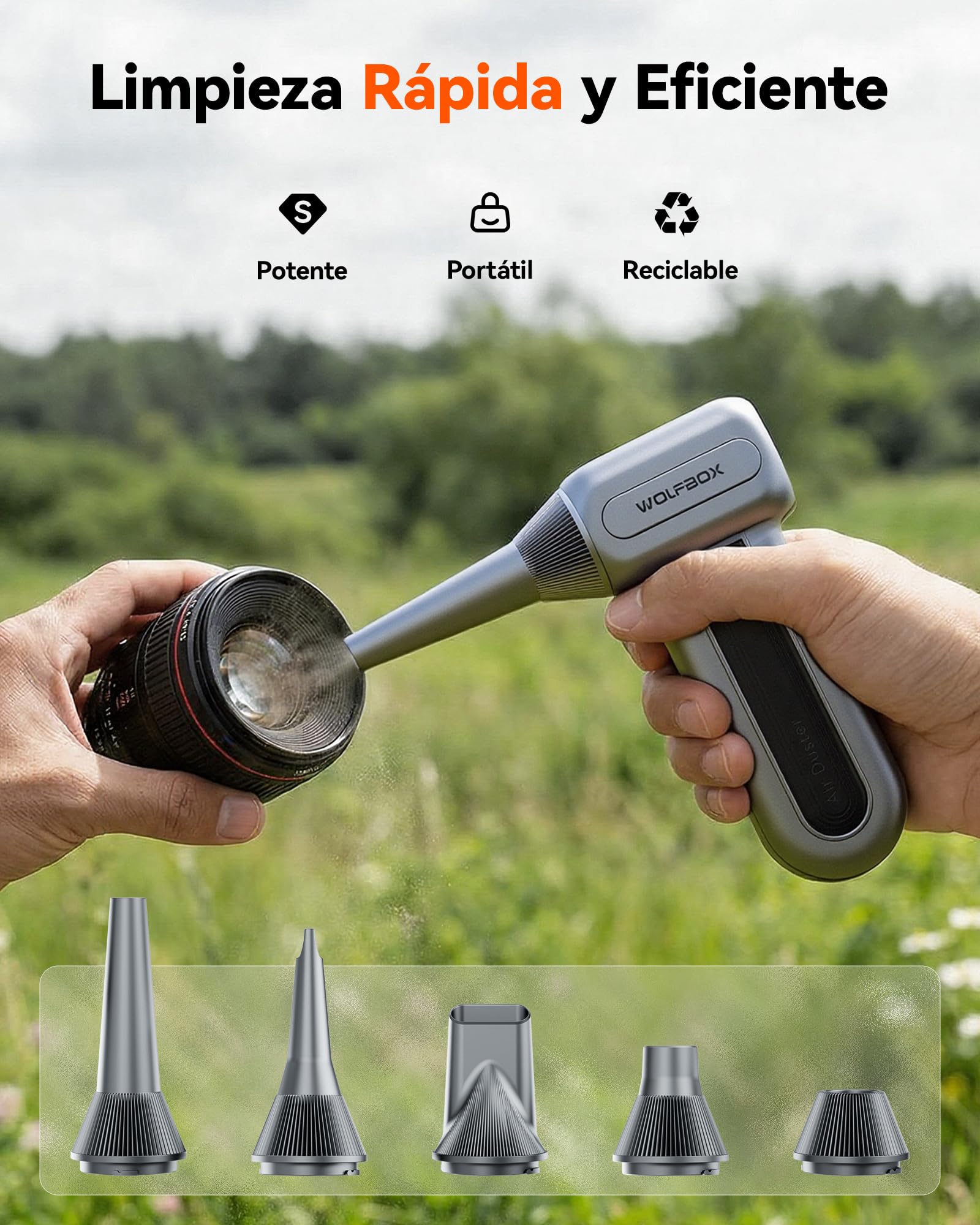 WOLFBOX MF70 Soplador de Aire Potente 110,000 RPM - Mini Soplador Eléctrico Batería Recargable, Aire Comprimido para Limpieza PC Ordenador Teclado, 3 Velocidades, 5 Boquillas, Coche Hogar Cámara