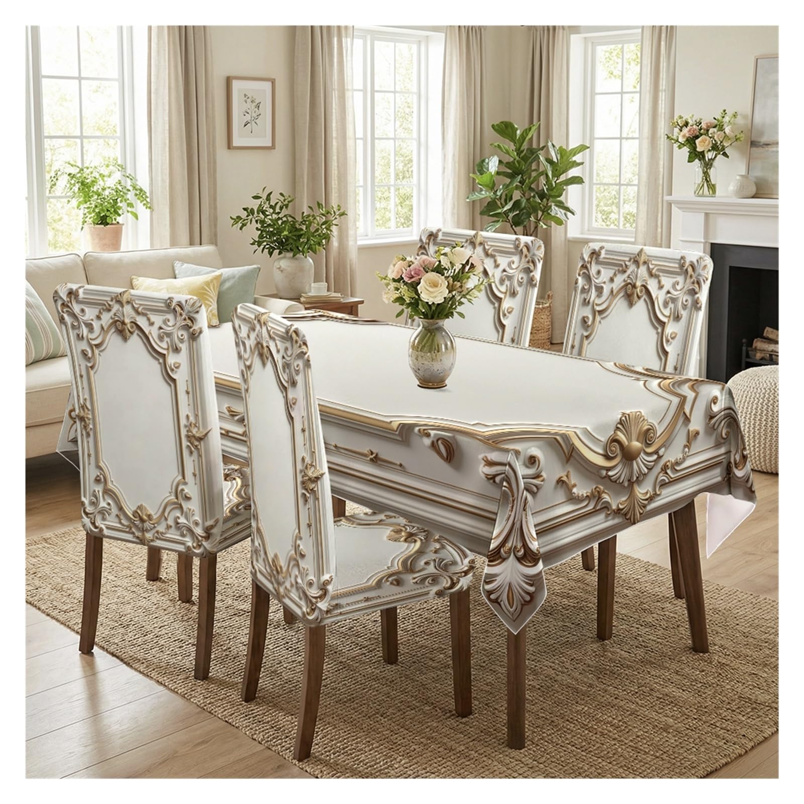 KXUAUV Luxury White Gold Baroque Frame Tablecloth And Chair Covers Set, Stretch Slipcovers For Formal Dining Room Banquet Decor, 5/7 Pack Party Decor(5pcs Set: Tablecloth+Chair Covers)