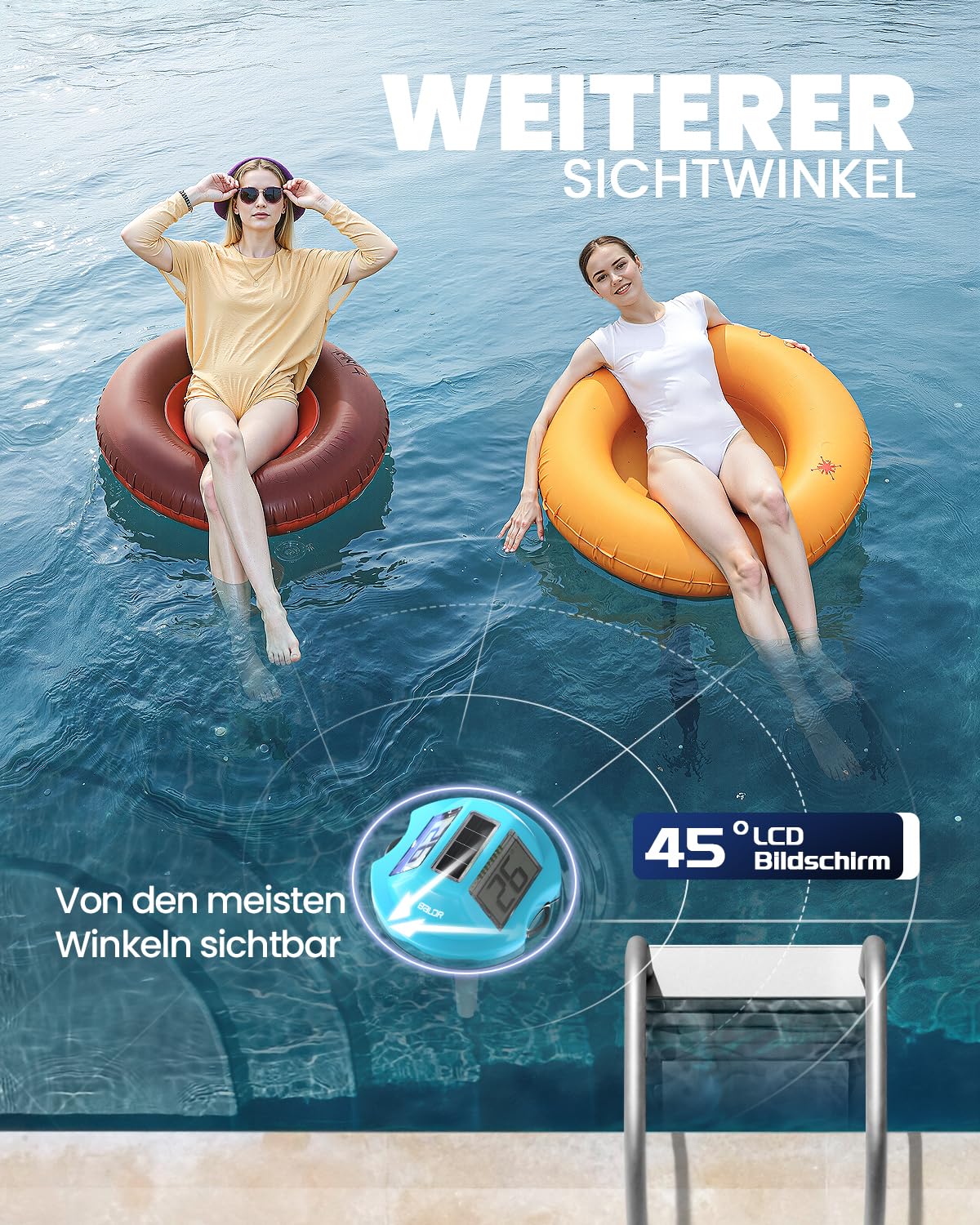 BALDR Solar Schwimmendes für Pool mit zwei großen Displays | IPX7 wasserdichter digitaler Temperaturmesser für Einbau-, Aufstellpools, Spa & Gartenteiche(Blau)