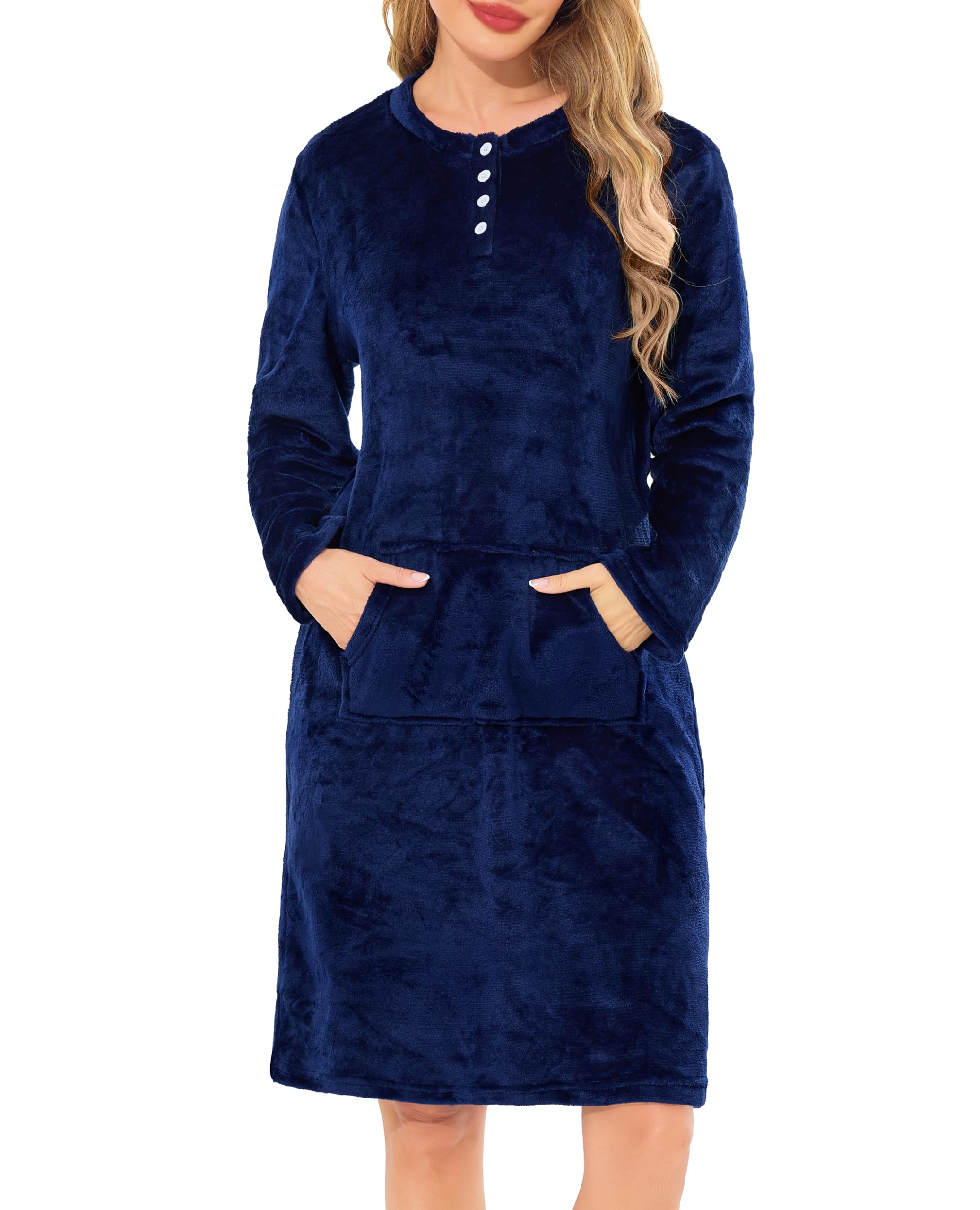 Wikoan Damen Nachthemd Langarm Flanell Schlafhemd Winter Fleece Nachtkleid mit Knopfleiste und Tasche Kuschelig Nachtwäsche Wärme Hauskleid S-XXL