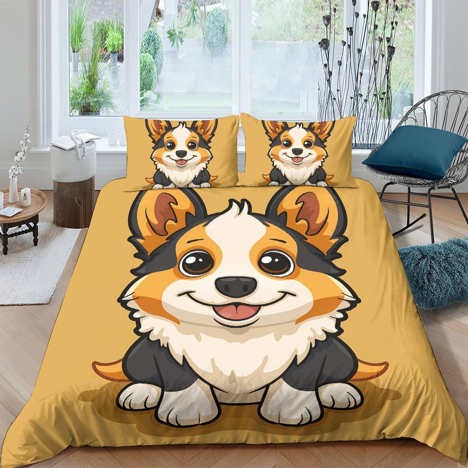 GPLZQXKJNH 3D Printed Cartoon Corgi Duvet Cover Microfiber Soft Breathable Cute Dog Bedding Set with 2 Pillowcases for Bedroom Decor Single（135x200cm）