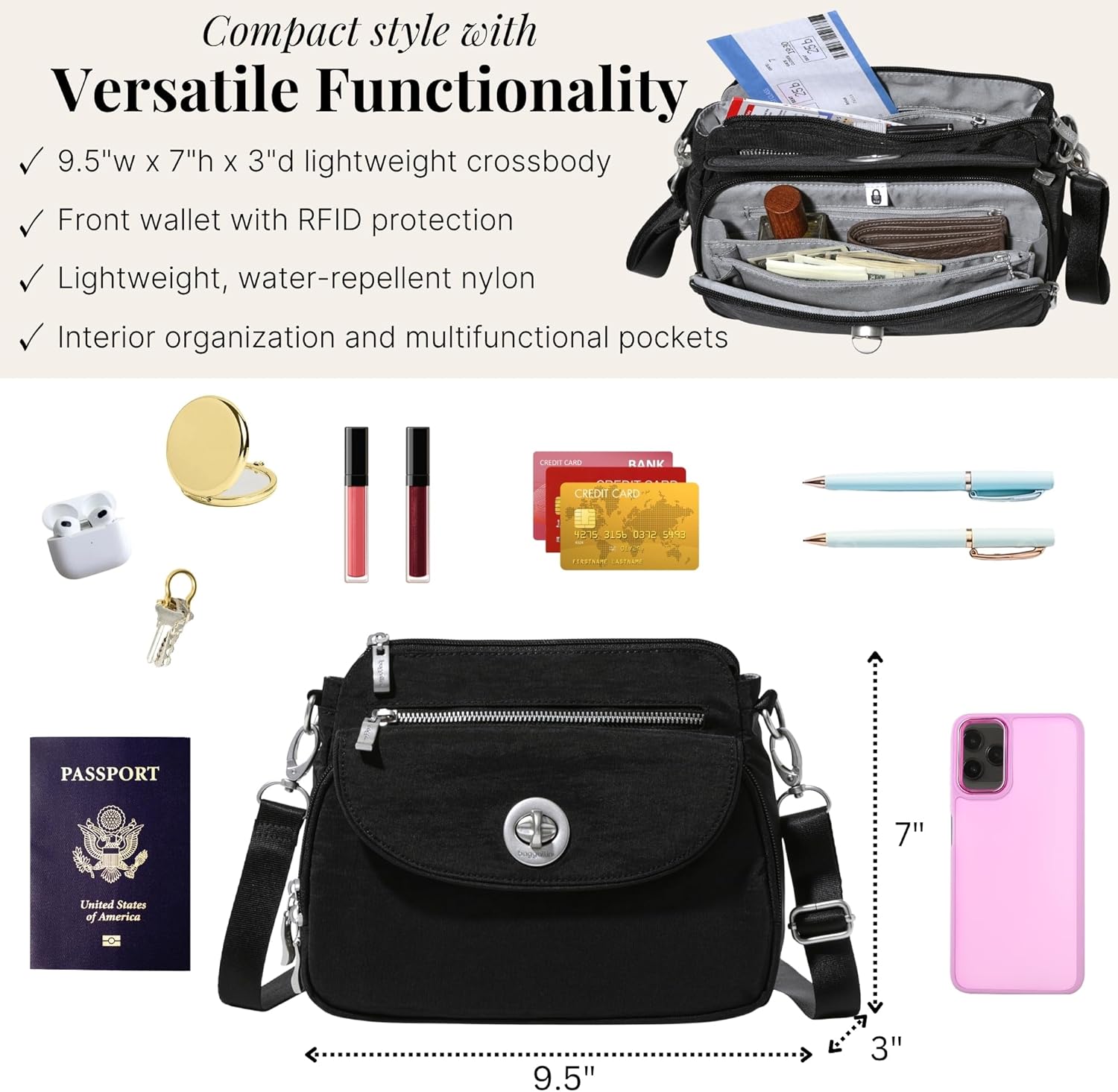 Baggallini Calais Crossbody Bags for Women 10x7 Lightweight Water-Resistant Travel Purse, RFID & Interior Organization - Image 6