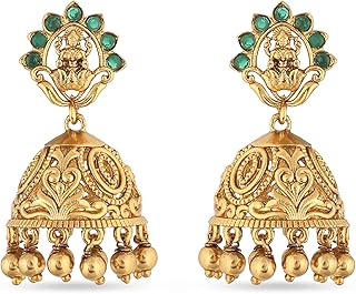 Antique Gold-Plated Indian Jhumka Earring for Women Brass CZ Temple Design Desi Dangle Jewelry Wedding Jewelry Ethnic Occasion Gift for Her