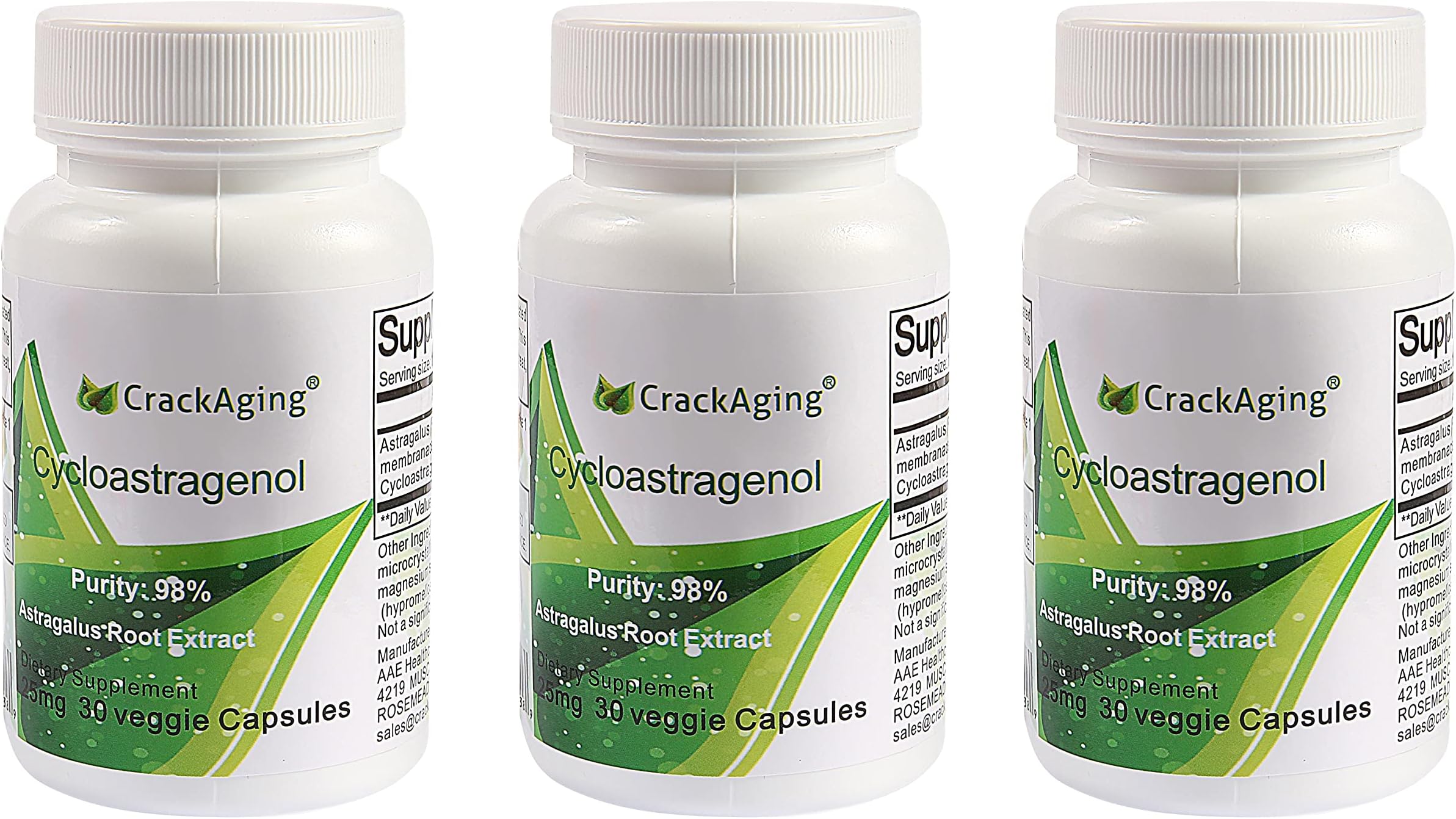 - Crackaging Super-Absorption Cycloastragenol 98% Capsules for Telomere & Immune Support, 25mg per Capsule, 90 Veggie Caps in 3 Bottles