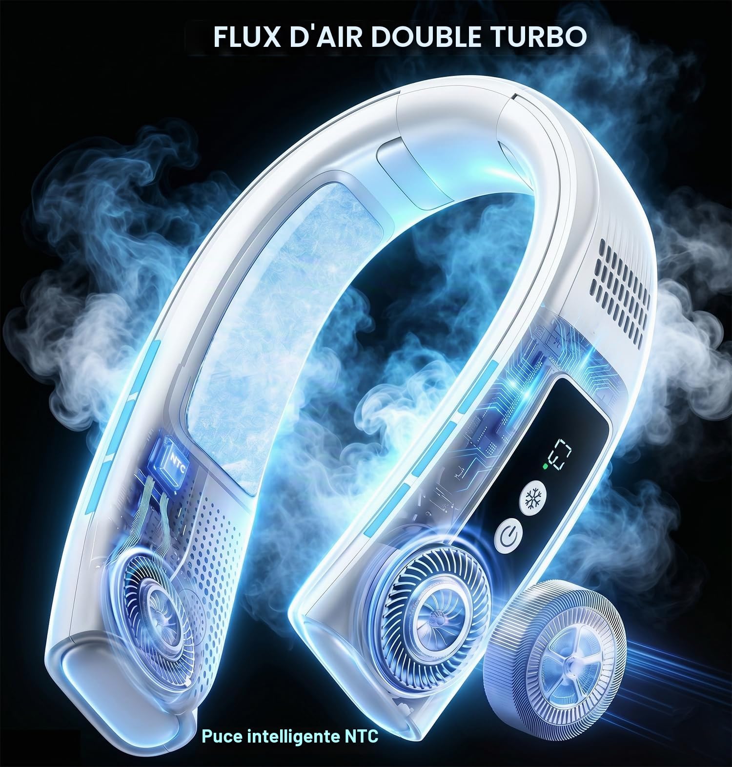 Ventilateur de Cou Portable avec 2 Plaques de Refroidissement Glacées, Ventilateur Climatiseur Cou Mobile Silencieux Rechargeable à Air Froid, Double Turbo, Cadeaux pour Voyage Plage Bureau Femme