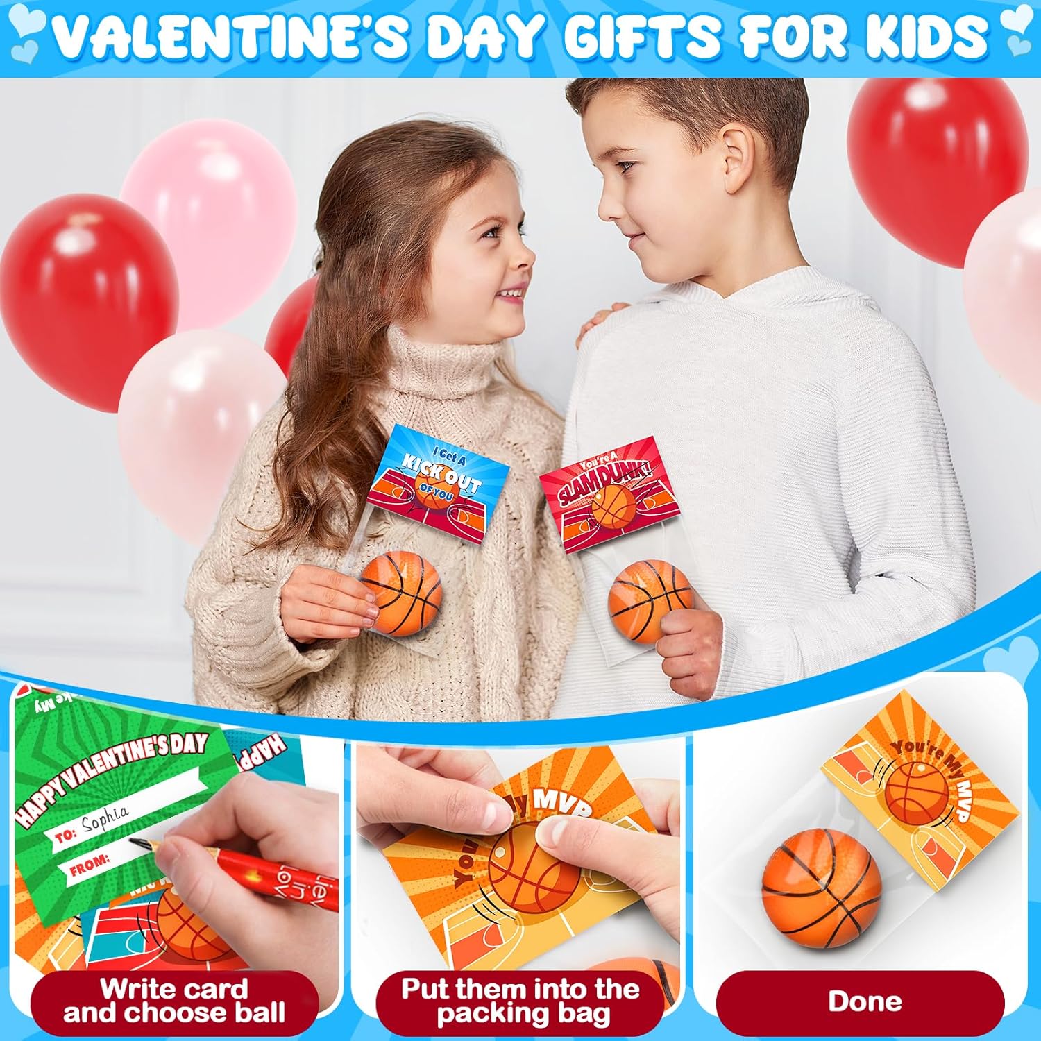 Valentines Day Gifts for Kids School, 28 Pack Mini Foam Basketball Toys with Valentines Day Cards for Boys Girls, Fidget Toys for Valentine's Gifts Classroom Exchange Prize, Valentine's Party Favors