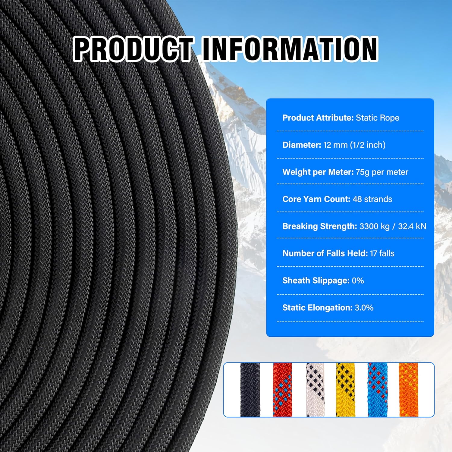 Braided Polyester Arborist Rope, 8/10/12mm x 32FT/64FT Rigging Rope with 2 Carabiners, Rappelling Rope for Outdoor Hiking Camping Tree Work Pulling Caving Fire Rescue Safety Escape Parachute