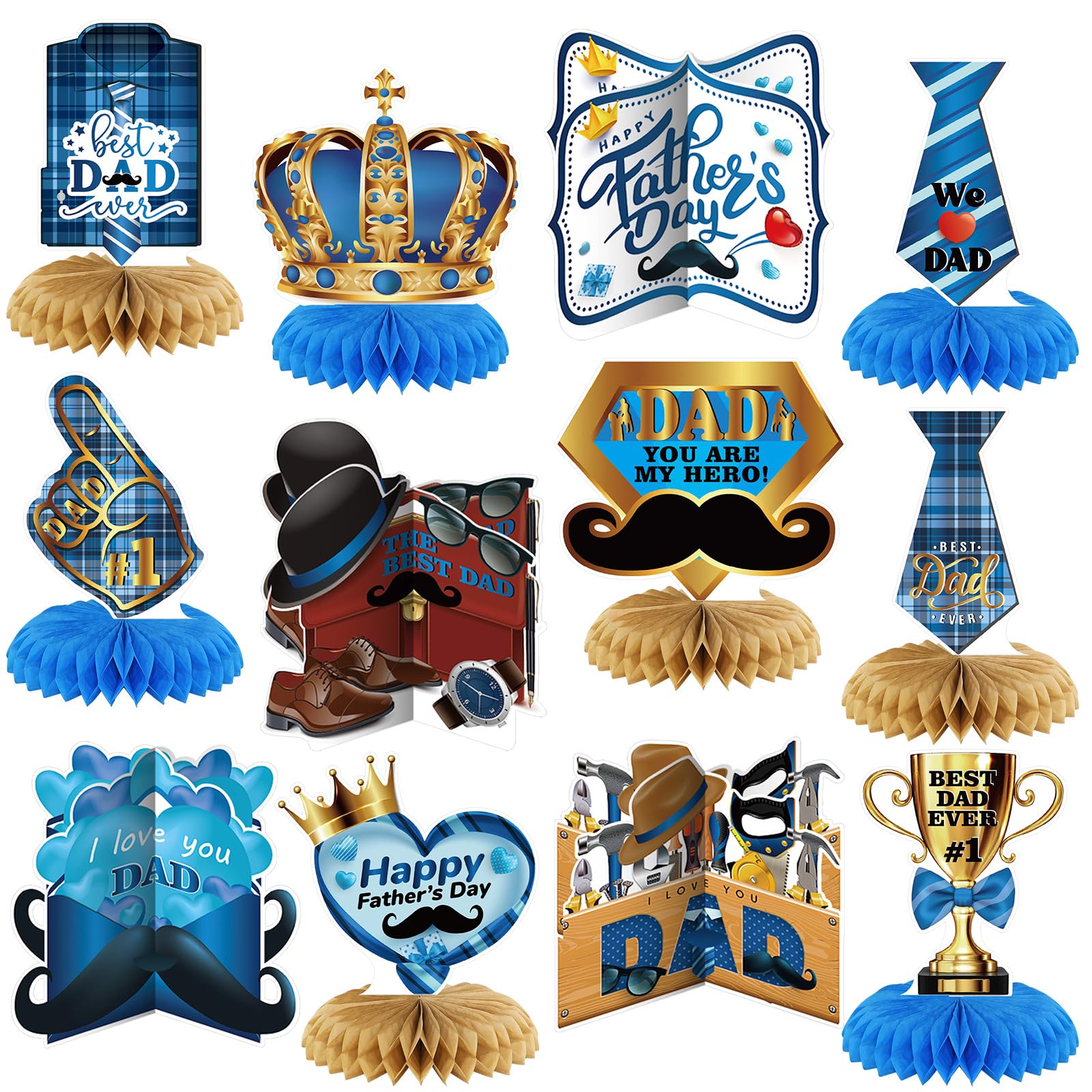 12 Pcs Father's Day Party Decorations Honeycomb Table Centerpieces Double Sided Blue Gold Ties Beards Leather Shoes Happy Father's Day Table Topper Decoration for Party Favors Photo Backdrop