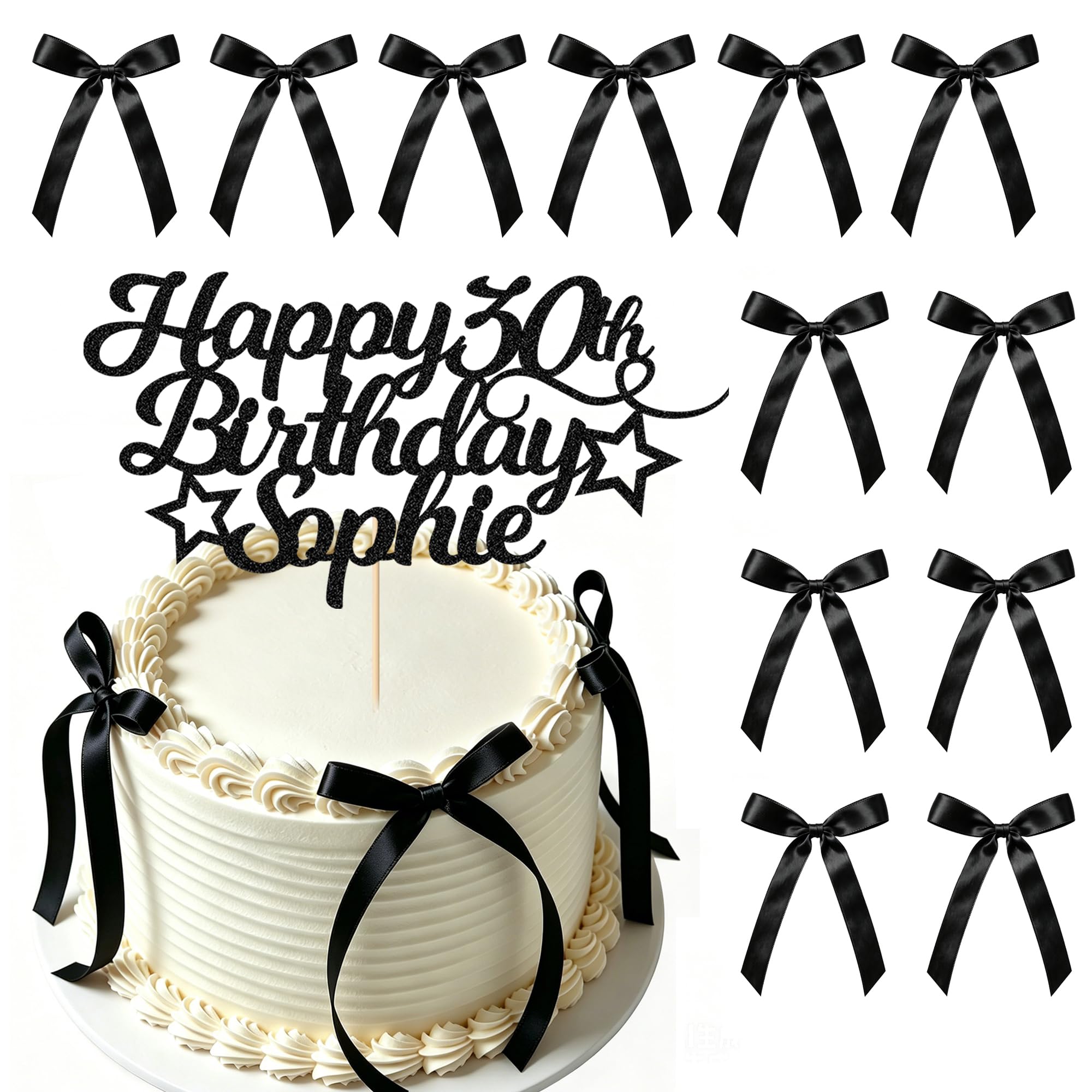 EDSG 30 Pack Bows Cake Toppers Birthday Personalised, 11 Colours Double-Sided Glitter Cake Decorations with Any Age Name, Birthday Party Supplies for Boys and Girls Women Man (with 30 Pcs Black Bow)