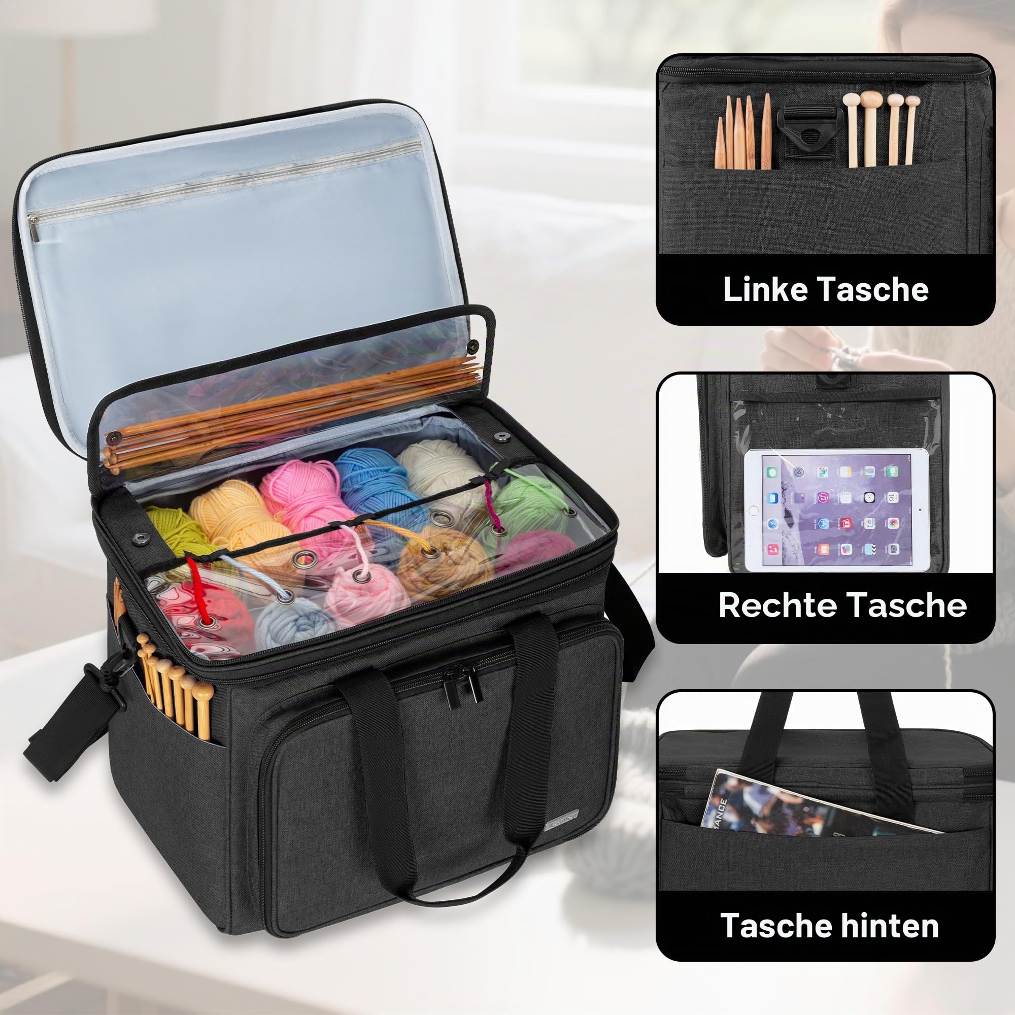 Teamoy Tragetasche für die Aufbewahrung von Wolle, Strick-/Häkeltasche mit mehreren Taschen, Tragegriff und Schulterriemen (kein Zubehör im Lieferumfang enthalten) (groß mit Deckel, schwarz), Schwarz,