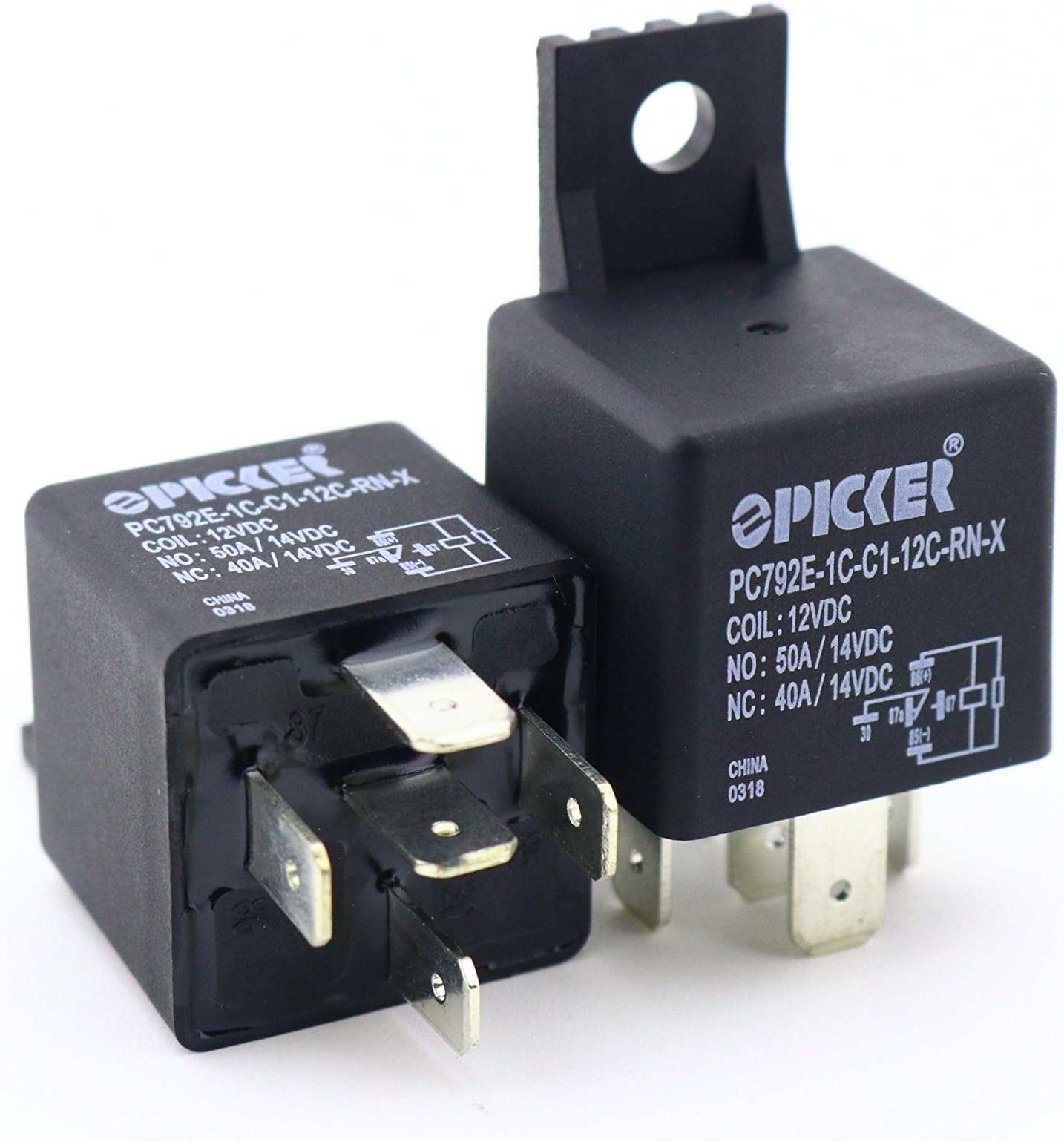 (x2) PC792E-1C-C1-12C-RN-X-2 | 5 Pin SPDT 12 VDC Coil with Resistor, 50/40 Amp Switching, Mini ISO Dust Cover Automotive Plastic Bracket Relay | Cross: Song Chuan 896H-1CH-D1-R1-T-12VDC