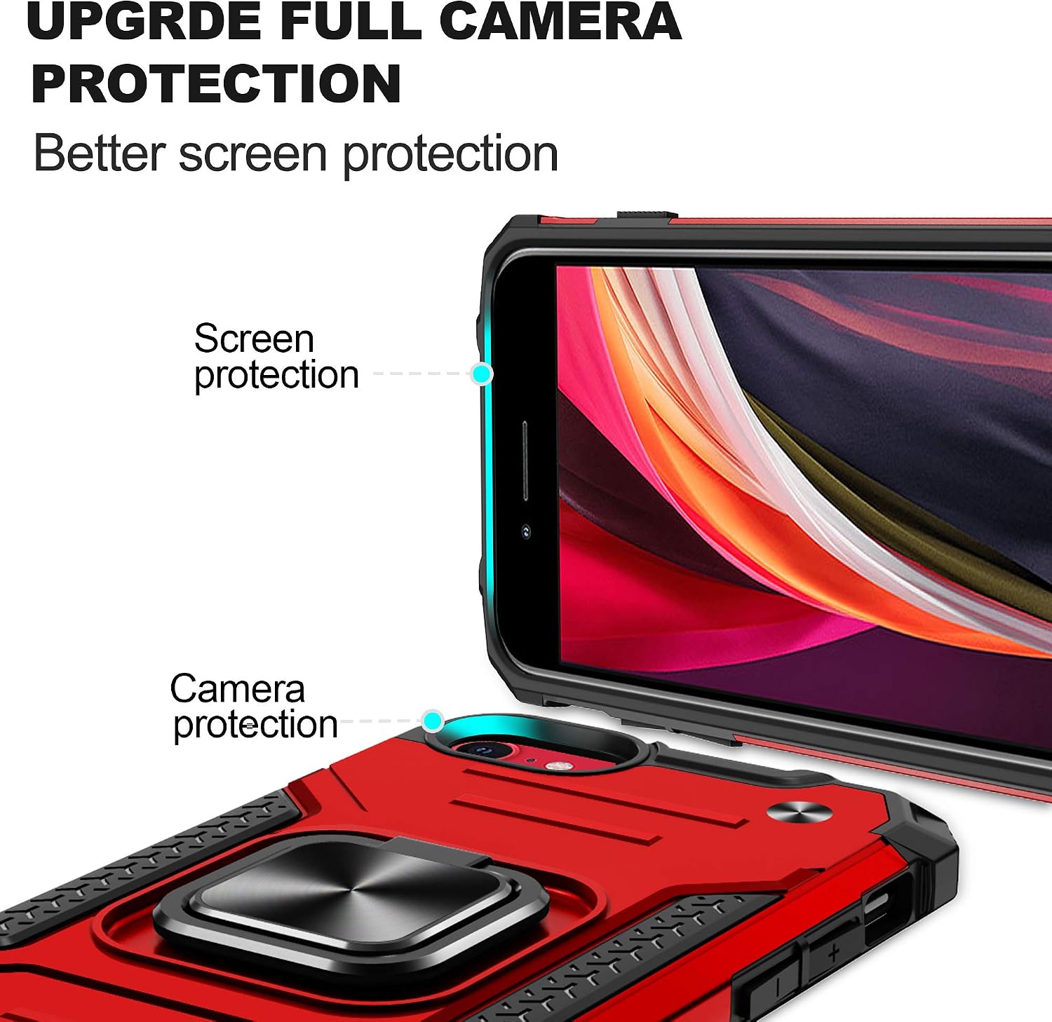 iPhone SE 2020 Case, iPhone 8 Phone Case with HD Screen Protector, Atump 360° Rotation Ring Kickstand [Military Grade] Dual Layer Shock Absorption Protective Cover for iPhone 6/6s/7, Red