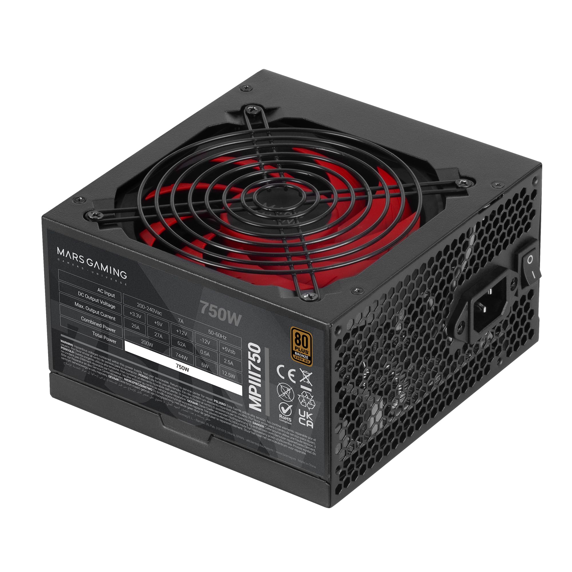 Mars Gaming MPIII750 ATX-Netzteil, 750W, 80 Plus Bronze, Schwarz | 5 Jahre Garantie, 80Plus Bronze-zertifiziert, 86 % Energieeffizienz, APFC, 120mm-AI-RPM-FDB-Lüfter, DC-DC und SMD