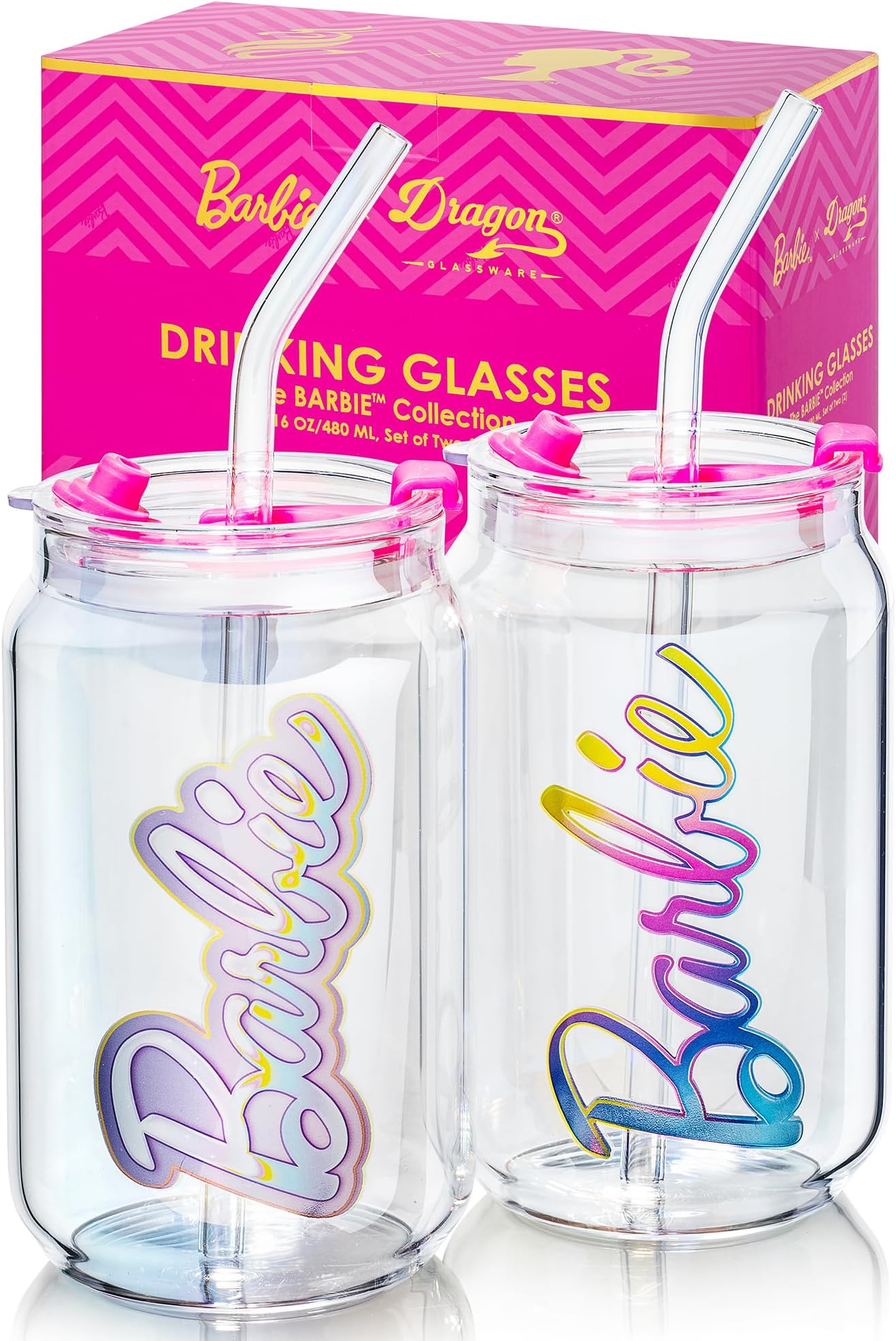 Dragon Glassware x Barbie - 16 oz Glass Cups with Lids and Straws, Set of 2 - Iced Coffee Cups with Lids - Versatile Glass Tumbler with Straw and Lid for Hot or Cold Drinks - Aura Barbie