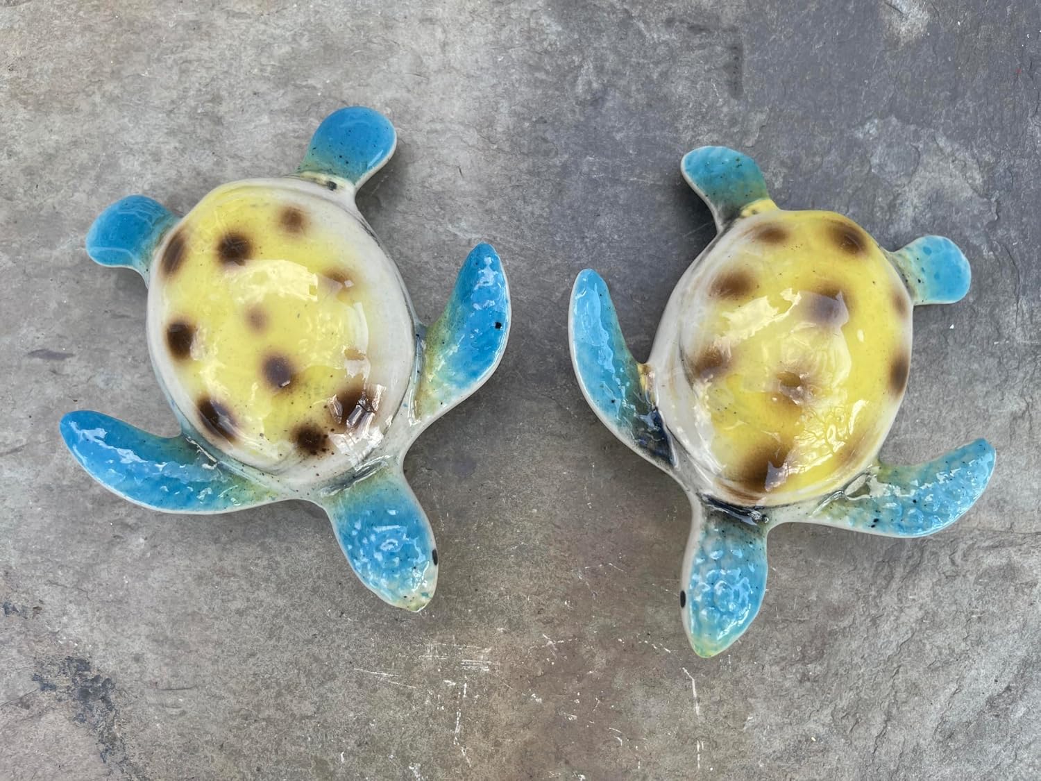 Floating Ceramic Turtle Figurine- Sea Turtle for Pond Decoration, Water Fountain Outdoor Garden - 4 Inch, Set of 2 (Blue - Yellow Back)