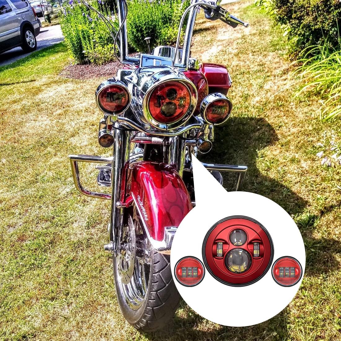 SKTYANTS 7" 7 Inch LED Red Motorcycle Headlight Red 4.5 Inch Round Passing Fog Lights Compatible with Tourng Street Electra Glide Road king Classic
