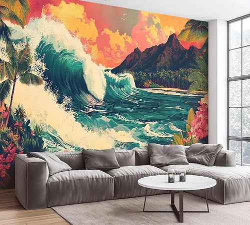 Miniatura 8 de Hawaii - Mural de pared retro exótico exótico tropical con olas de playa, paisaje, vintage, despegar y pegar, autoadhesivo, extraíble, adhesivo de