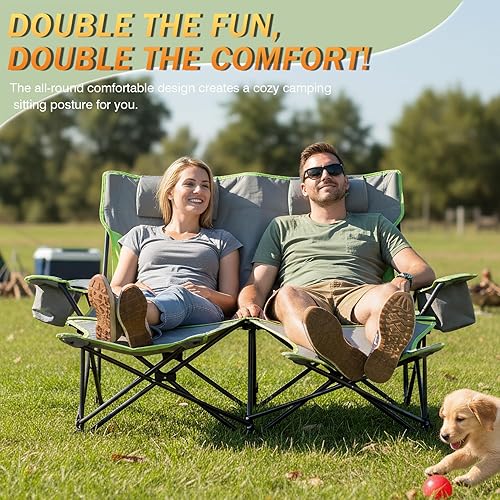 Miniatura 3 de Silla de camping doble reclinable, respaldo ajustable, sillas de playa para dos personas con reposapiés, sofá biplaza de camping plegable, soporta