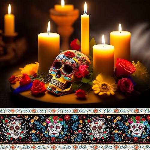 Miniatura 7 de 1 mantel de plástico para fiesta del Día de los Muertos, 54 x 87 pulgadas, mantel rectangular largo de calavera colorida para bufé, fiesta mexicana,