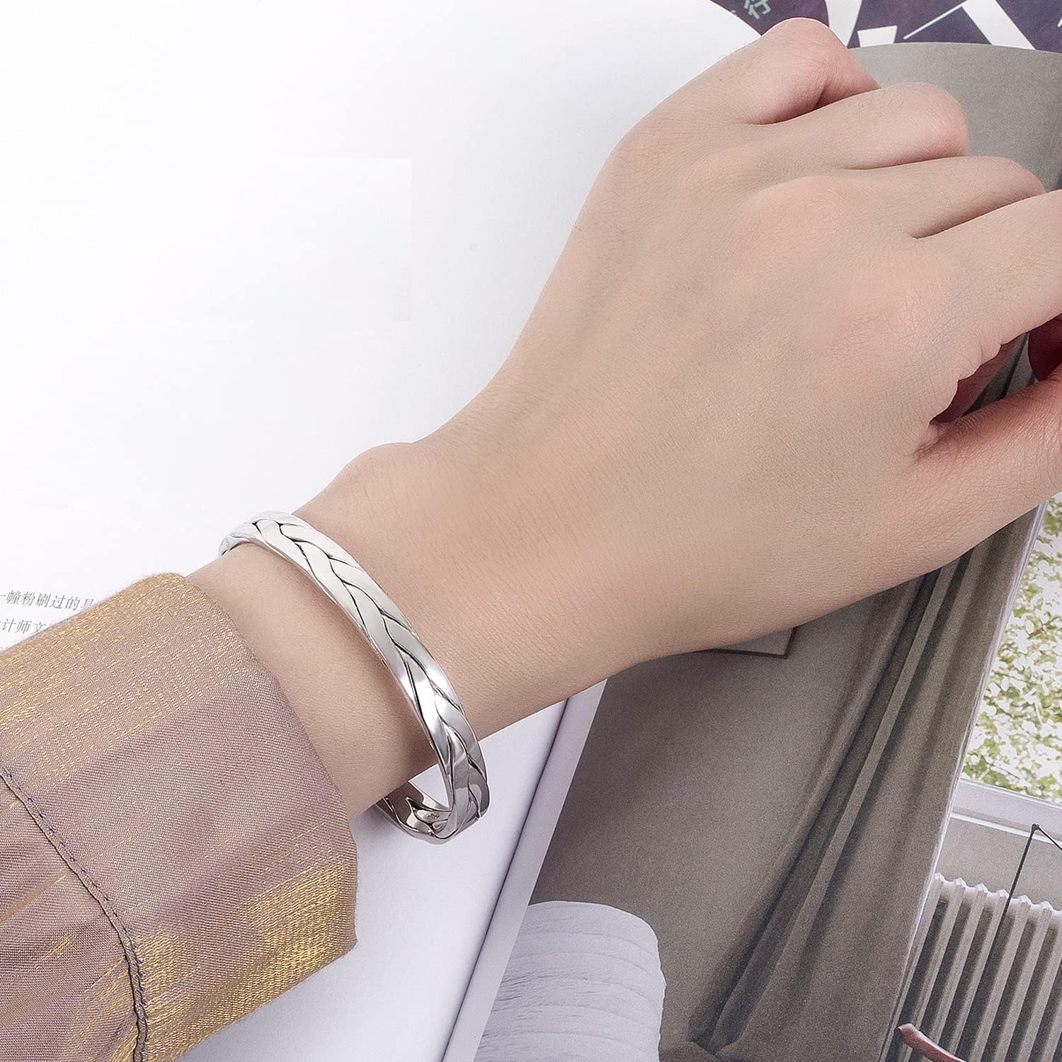 H&Beautimer 925 Sterling Silver Bracelet 7.8-9.3MM Pattern Bracelet For Women Men-Party Charm Jewelry Gift-Unisex Original Silver Open Bangle Free Adjustment