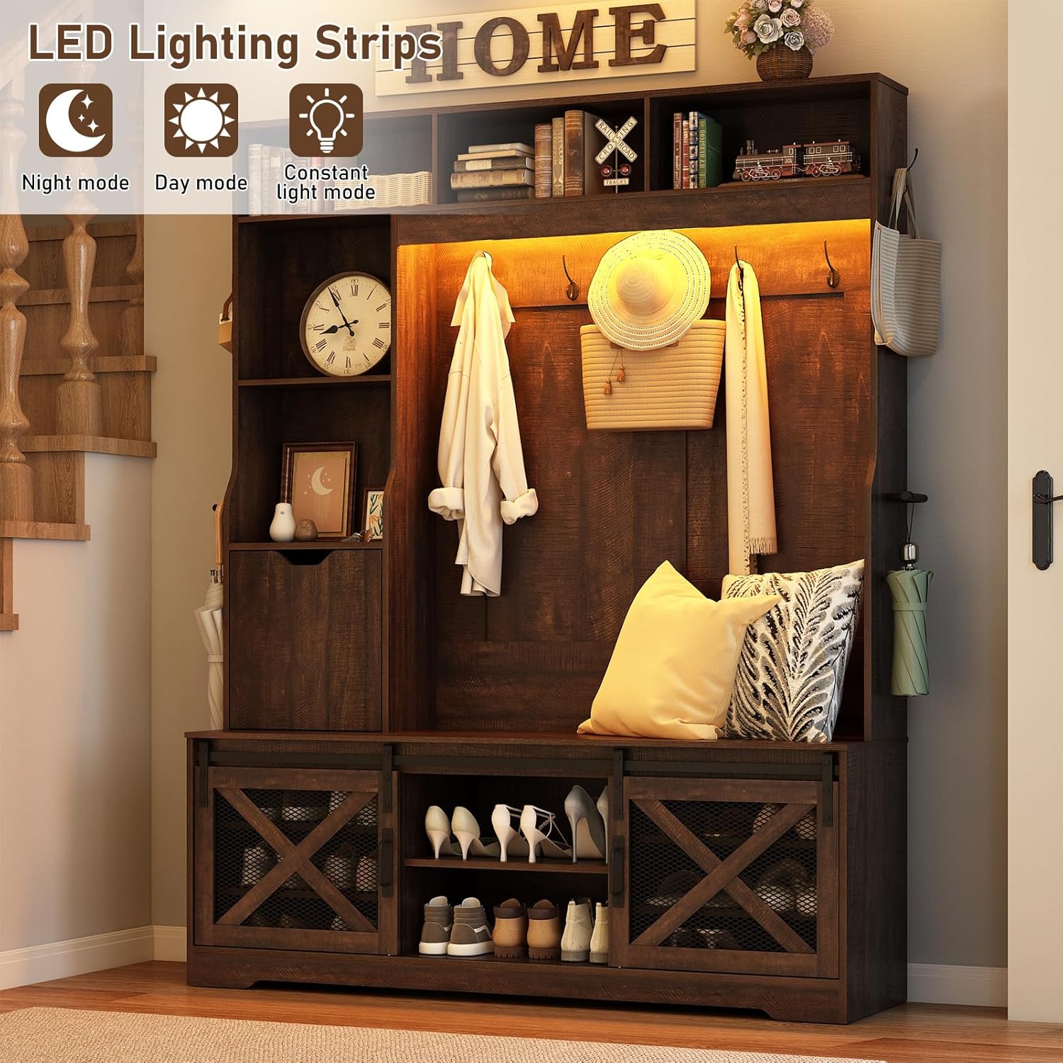 75''H LED Farmhouse Hall Tree with Bench and Shoe,Entryway Bench with Coat Rack,16 Shoe Cubbies & Umbrella Holder and Sock Storage Drawer,Mudroom/Hallway Storages Cabinet(Brown)