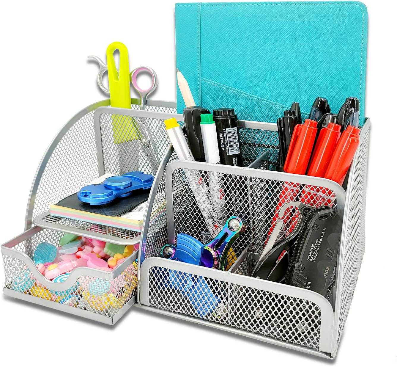 Schreibtisch-Organizer Aus Metallnetz – Mit Schublade, 5 Fächern & Ablage, Schwarz, Platzsparend, Kein Werkzeug Nötig, 13,2 X 13,2 X 9 Cm