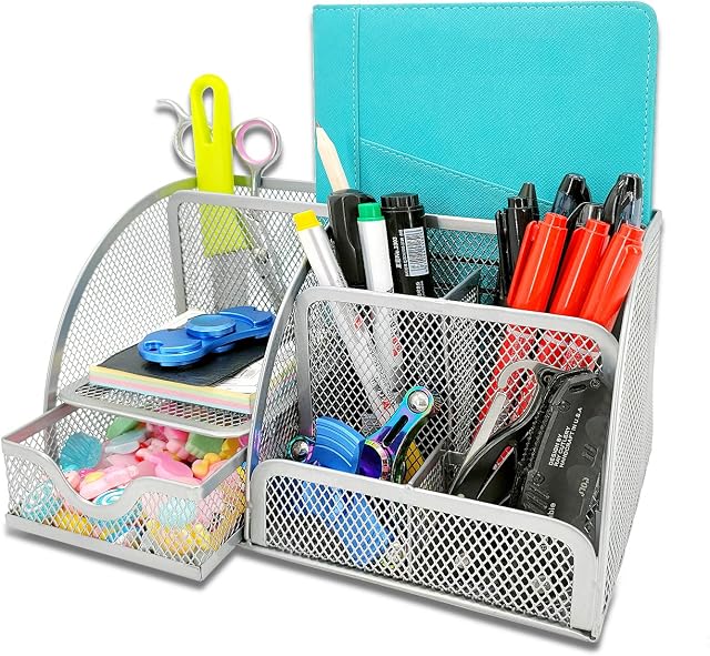 MDHAND Desk Organiser and Accessories, Mesh Fabric with 6 Compartments and Drawer, Space Saving Functionality, Office Storage
