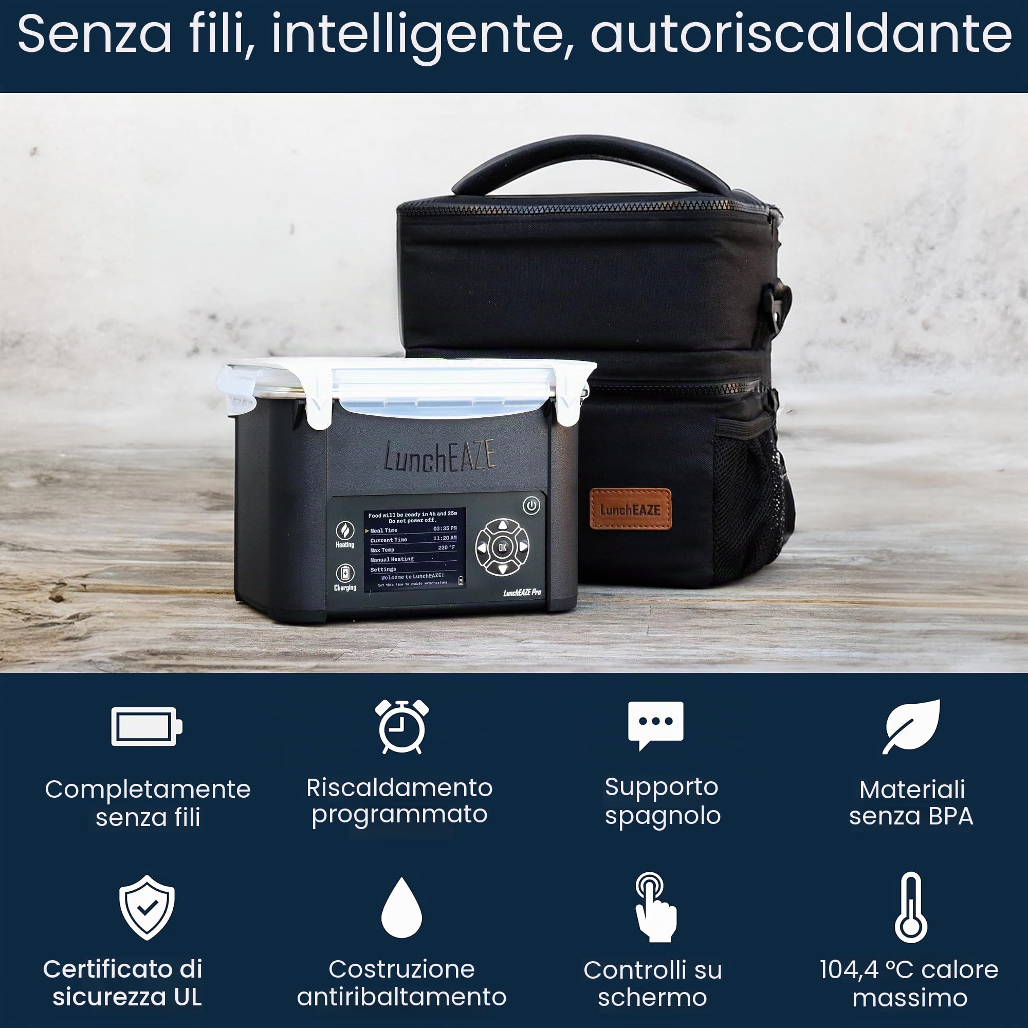 LunchEAZE Pro - Contenitore per il pranzo senza fili, alimentato a batteria, capacità di 4 tazze, max 200 °C, riscaldamento automatico programmato, borsa termica inclusa per pasti caldi ovunque