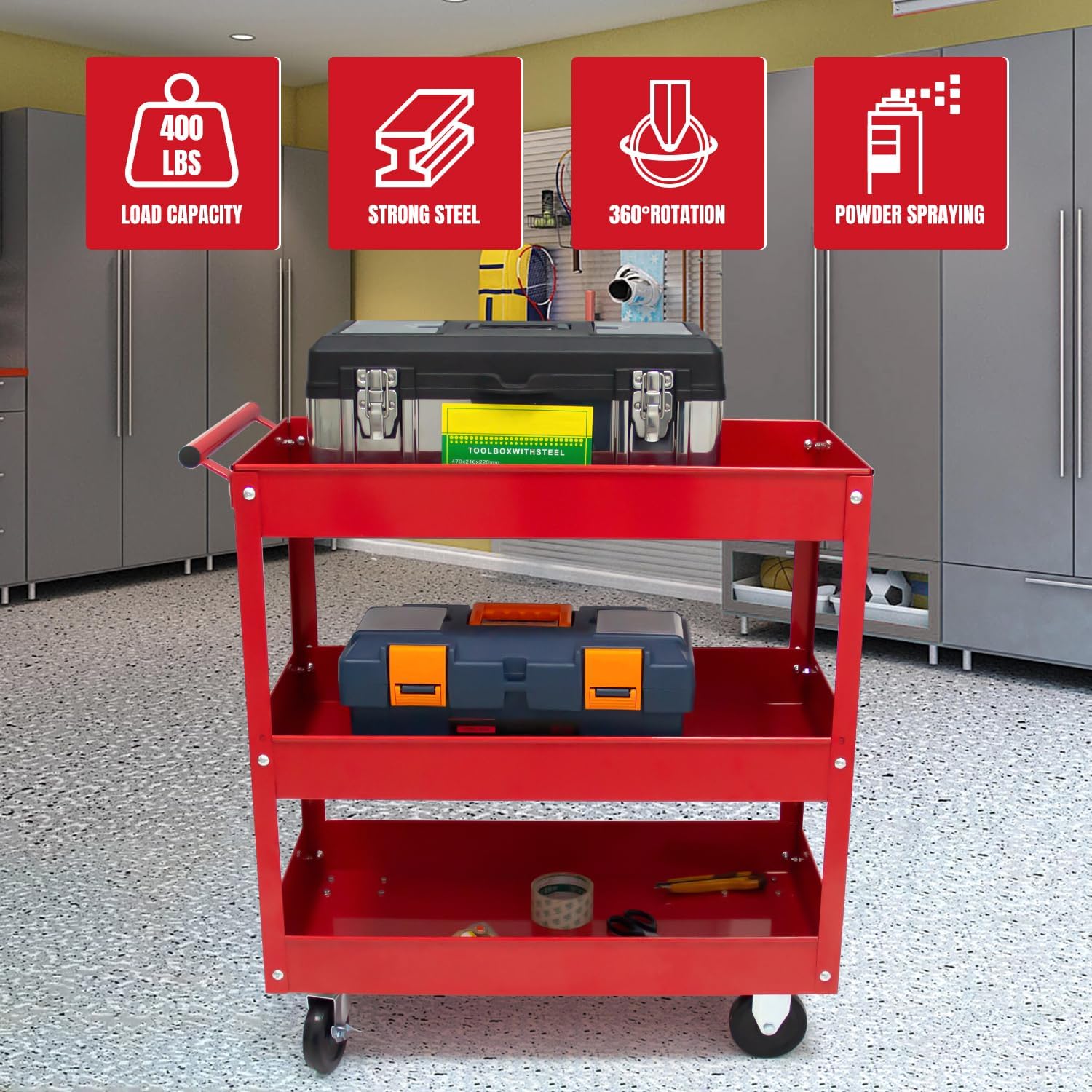 Heavy Duty 3-Tier Rolling Tool Cart with 2 Brakes - 32 x 14 Inch Metal Utility Cart, 400 lb Capacity, Mobile Service Cart for Garage, Workshop, Warehouse & Office (Red)