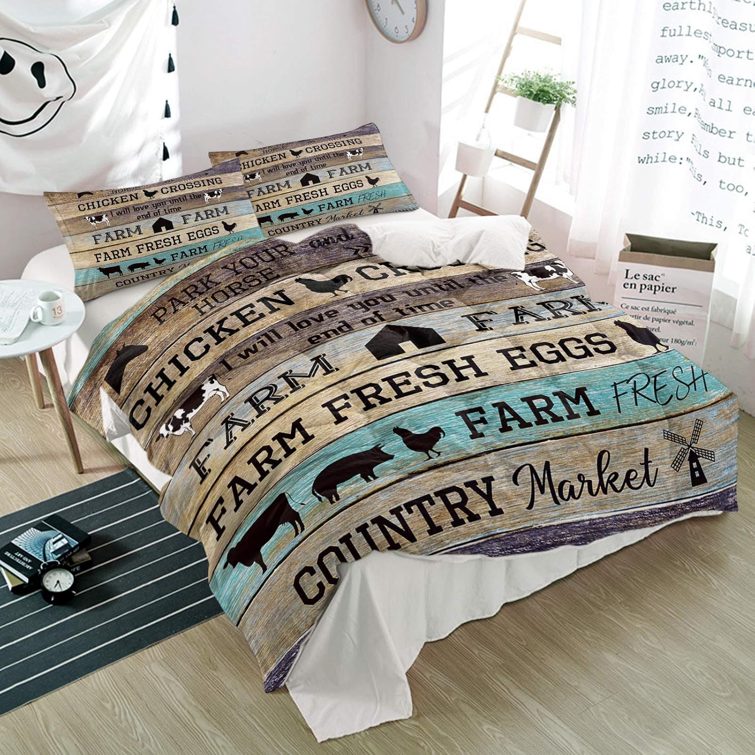 3 Pieces Bedding Duvet Cover Set Farm Seal Limited Product Chicken Cow Country Pig Qu