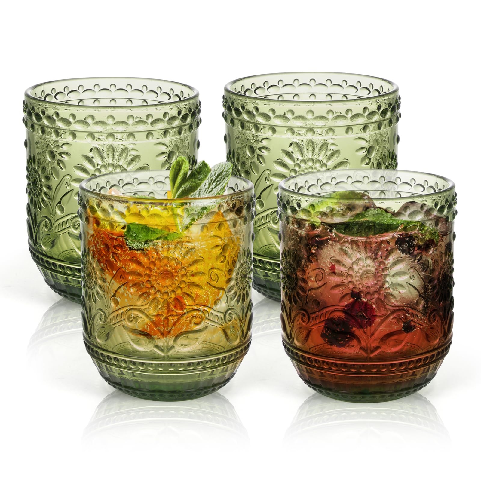 Verres vintage à motif floral en relief gobelets en verre vert 360 ml x4