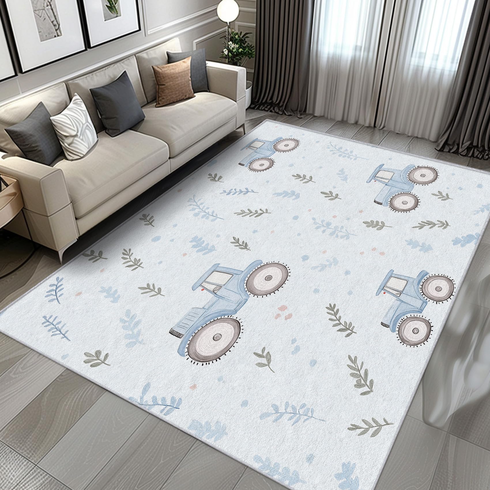 Tappeto per bambini con trattore, 120x170 cm, motivo: auto da costruzione, lavabile, antiscivolo, morbido, per cameretta dei bambini, sala giochi, soggiorno