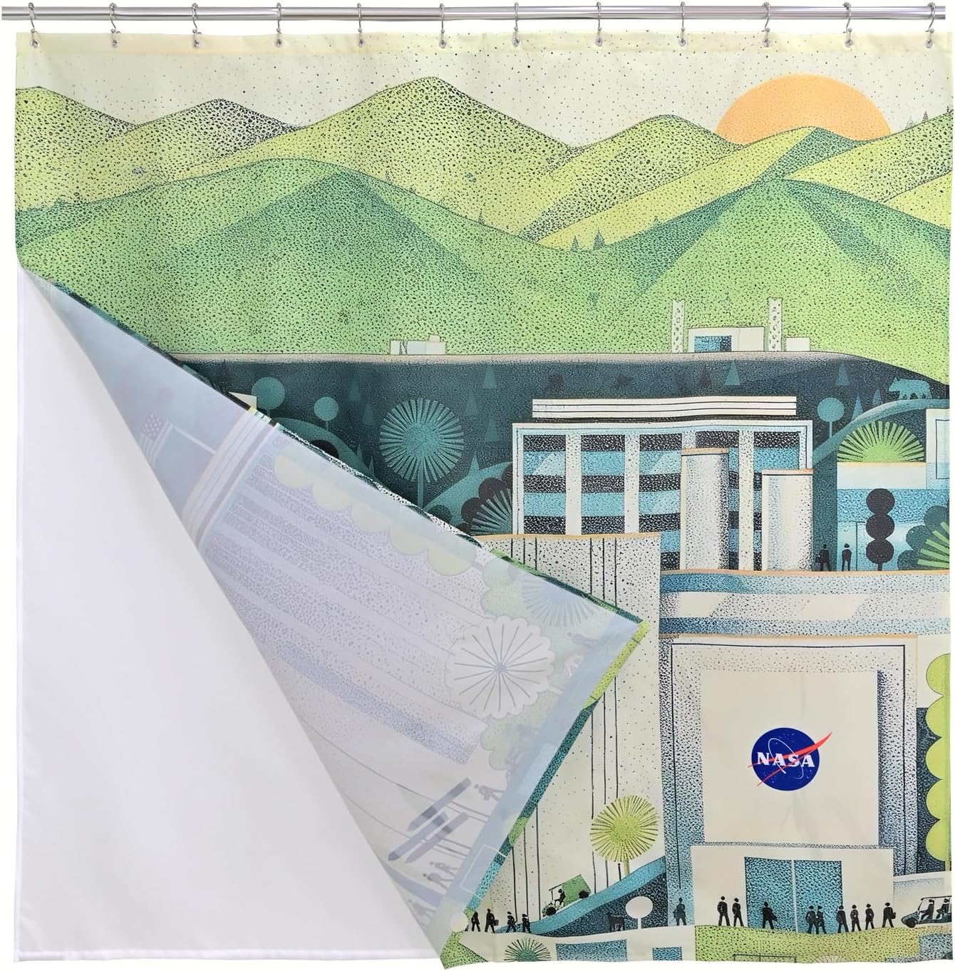 NASA Green Frontier Shower Curtain Set, NASA-Licensed Space Poster Art, Mid-Century Landscape Design, Gallery-Style Bathroom Décor (Green Frontier-Ivory/Green, 72" W x 72" L (Pack of 1))