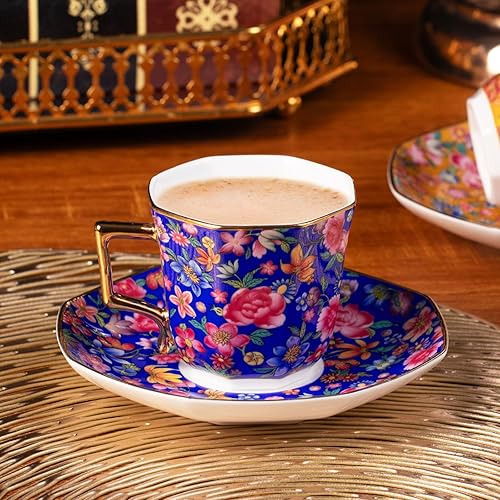 Miniatura 5 de KAMMAK Juego de 2 tazas de té y platillos, taza de café de porcelana con platillo para espresso, capuchino, taza de cerámica vintage de 4.5 onzas,