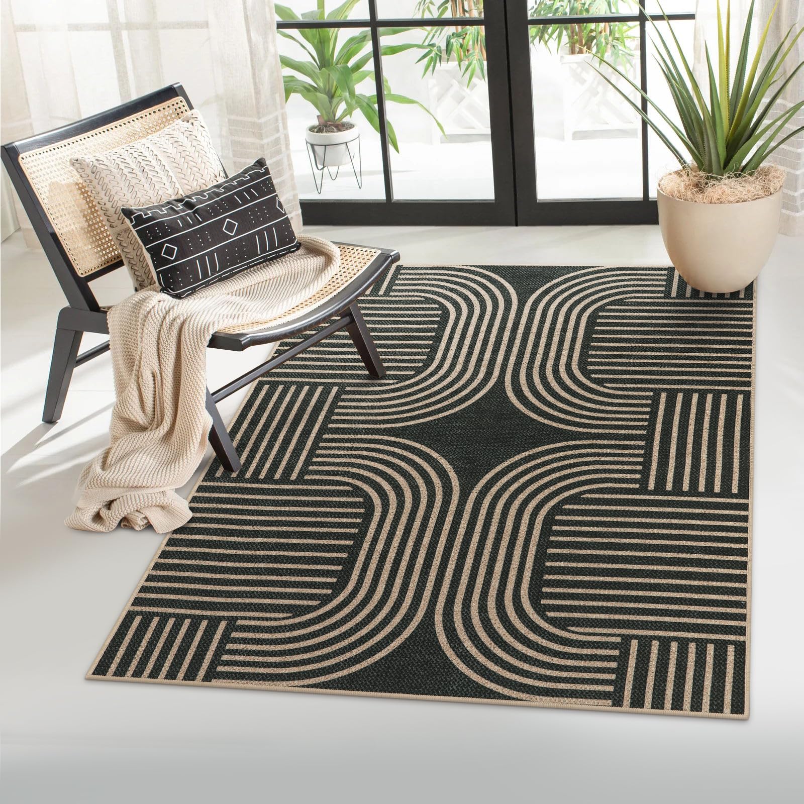 lahome modern geometric outdoor easy jute rug, 3x5 indoor outdoor rugs for entryway black living room carpet, farmhouse washable non slip carpet for patio courtyard bedroom