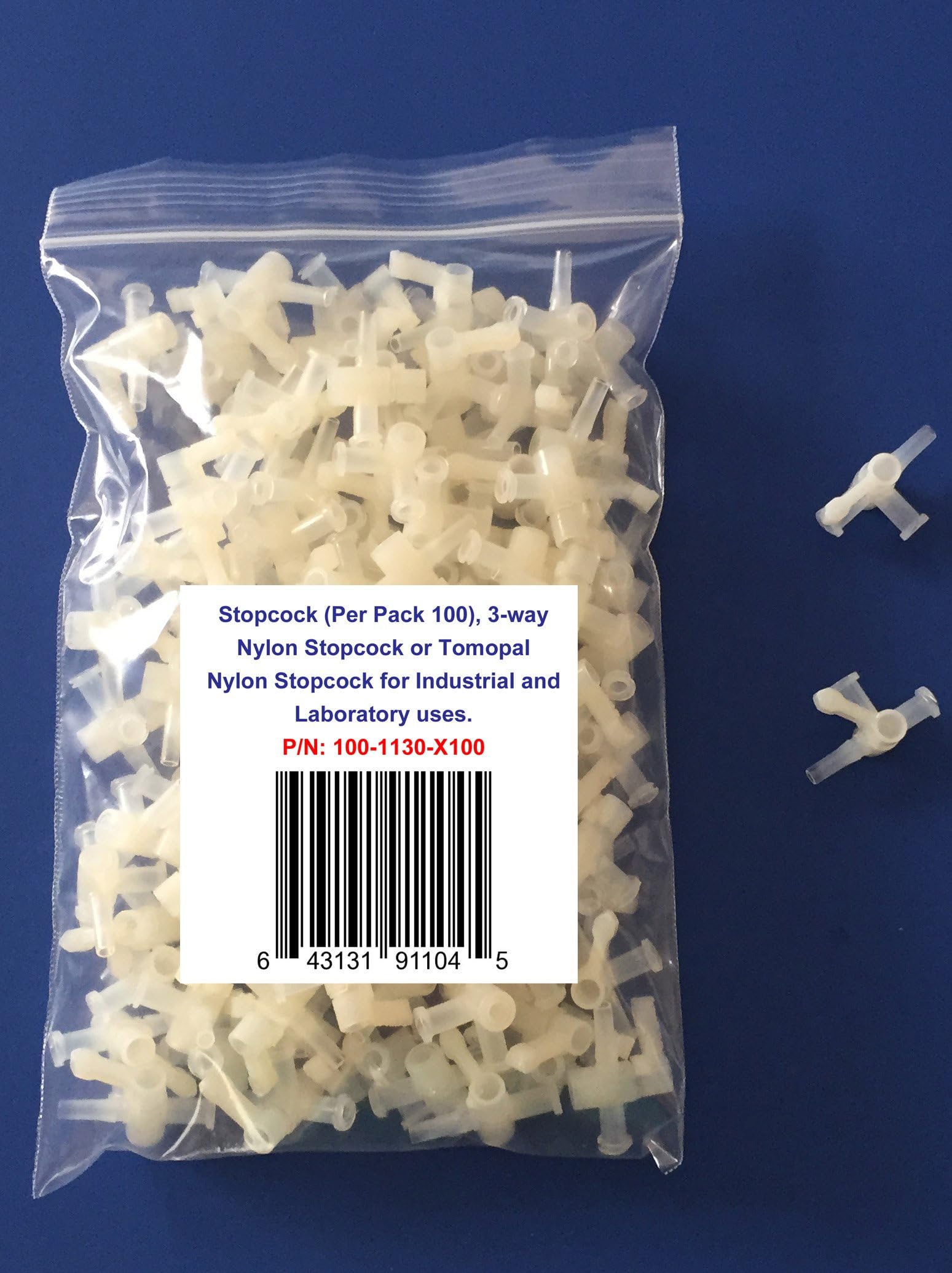 Stopcocks (Per Pack 100), 3-Way Nylon Stopcocks, 3-Way Nylon Valve, Three-Way Stopcock, Stopcocks with Luer Connections, Tomopal Nylon Stopcock for Industrial and Laboratory uses. P/N: 100-1130-X100