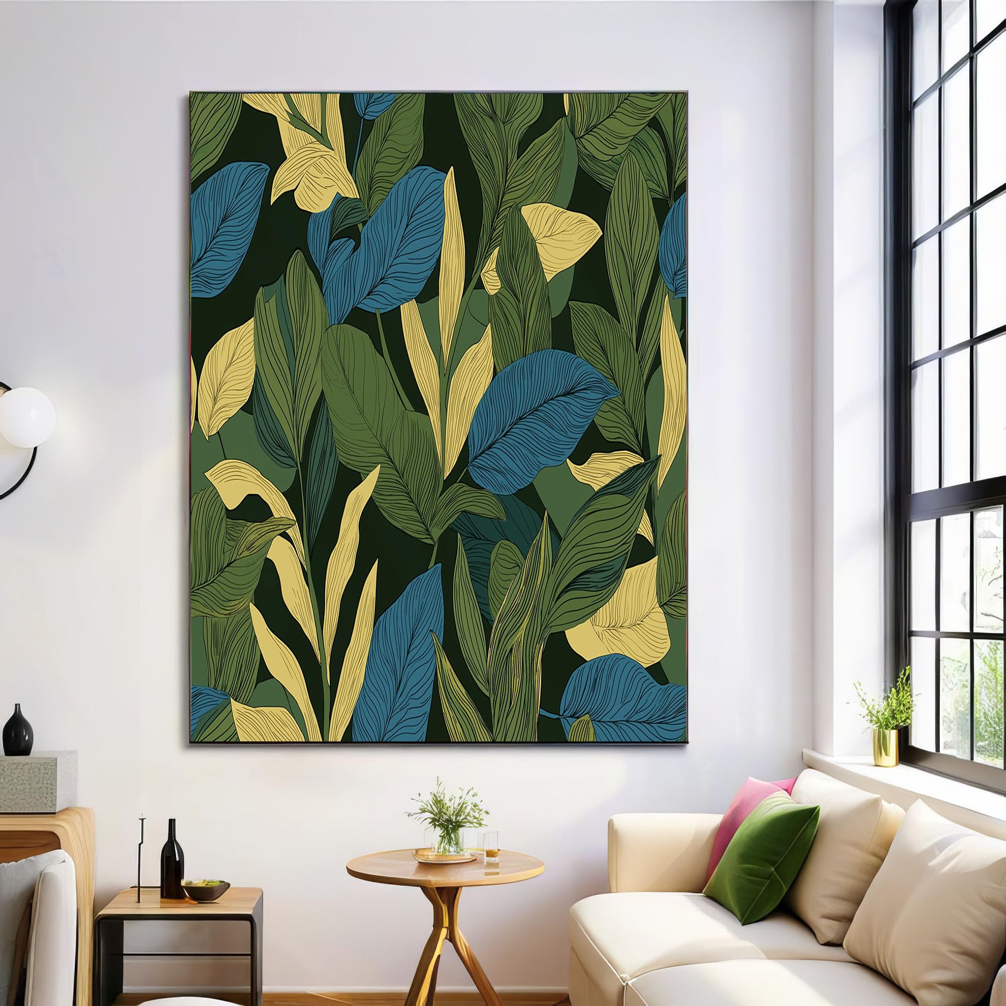Lienzo de jungla botánica para decorar un salón moderno con estilo verde oliva 8