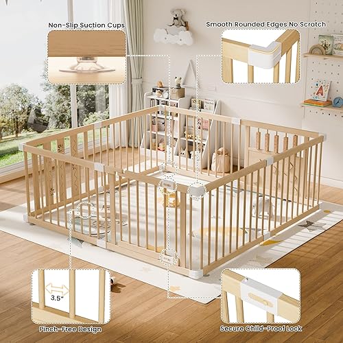 Miniatura 4 de Corralito de madera para bebés con bloqueo de seguridad para niños, patio de juegos extra grande para bebés y niños pequeños, centro de actividades