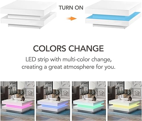 Miniatura 6 de Merax Mesa de centro cuadrada con luz LED de 31.5 x 31.5 pulgadas, mesa de cóctel cuadrada de 2 niveles con luces LED y almacenamiento de doble capa