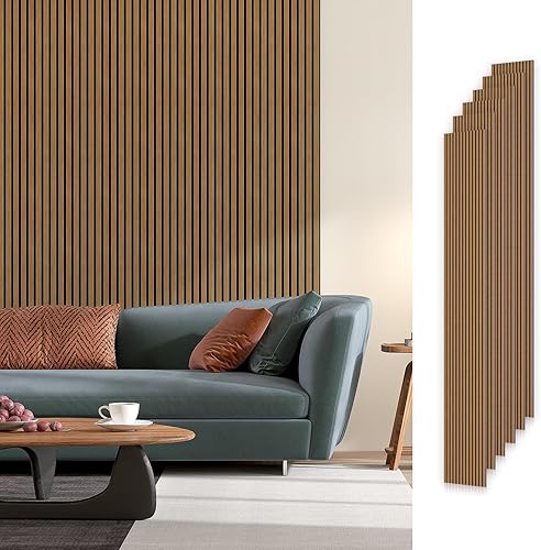Miniatura 12 de Paquete de 6 paneles de pared de madera acústica, 94.5 x 8 pulgadas cada uno panel de pared insonorizado, paneles de listones de madera estriada 3D