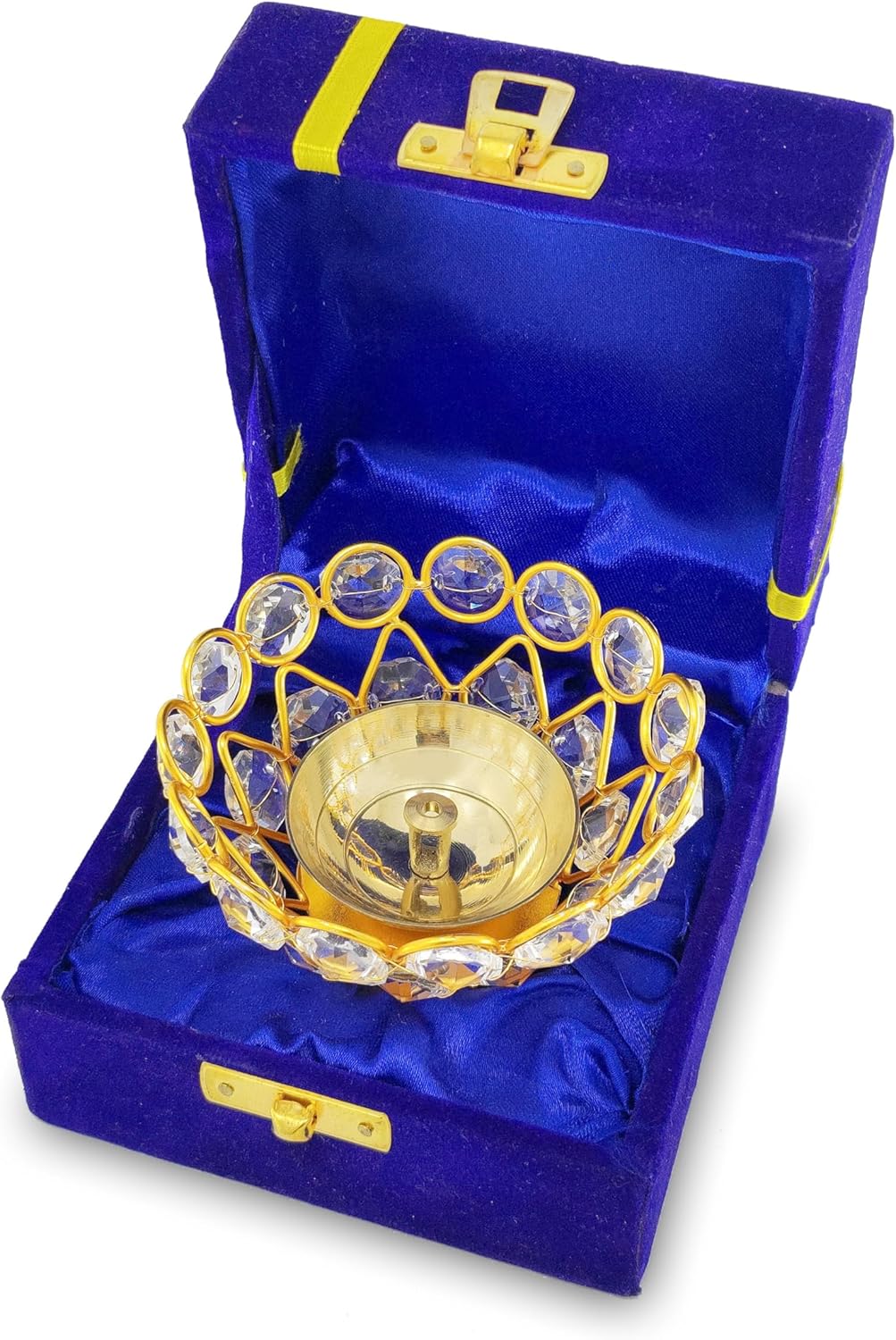 Gold Crystal Diya with Blue Velvet Gift Box Home Decoration Chrystal Piyali Dia Pooja Items Puja Gifts Handmade Oil Lamp Traditional Indian Dhanteras Deepawali Diwali Gift Items 6 Pcs