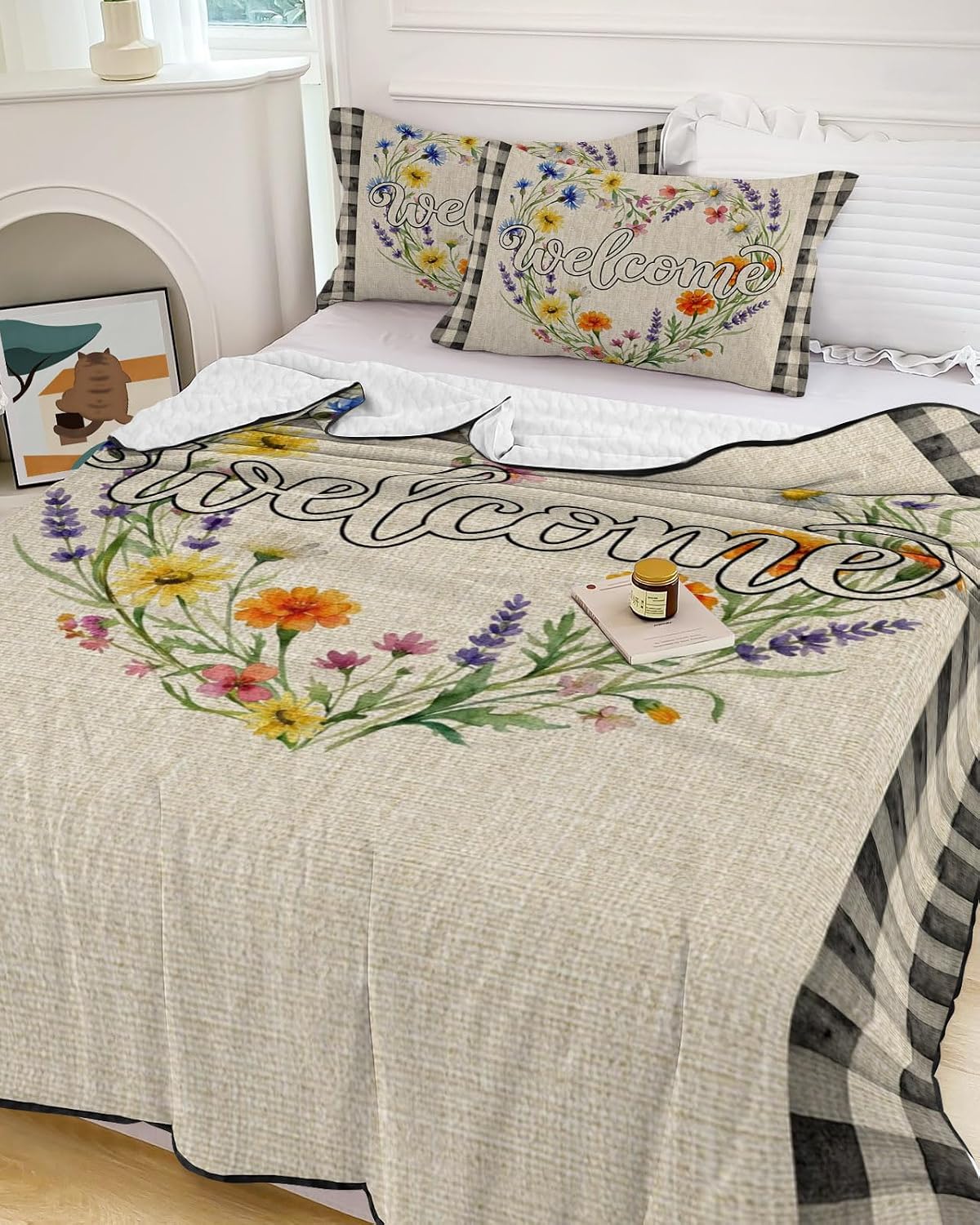 King Size Quilt Set, Country Wildflower Heart Shape Lightweight Bedspread Coverlet Set Soft Microfiber Summer Quilt with 2 Pillow Shams, Vintage Linen Buffalo Check 3 Piece Comforter Bedding Set