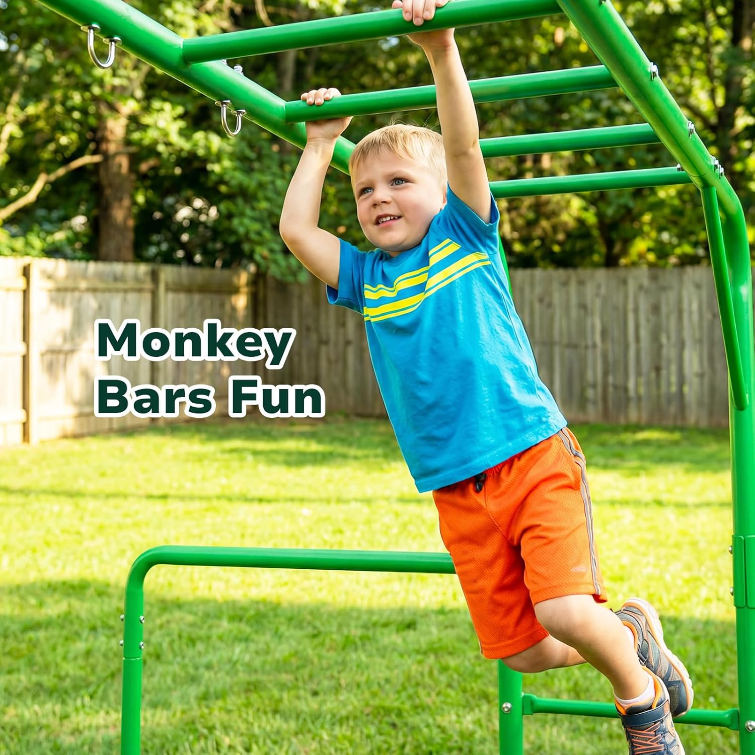 Hapfan Monkey Bars with Gymnastics Bars and Trapeze Swing, 400lbs Heavy Duty Metal Monkey Bar Set for Backyard, Weather-Resistant 3-in-1Outdoor Playset, Space-Smart Design