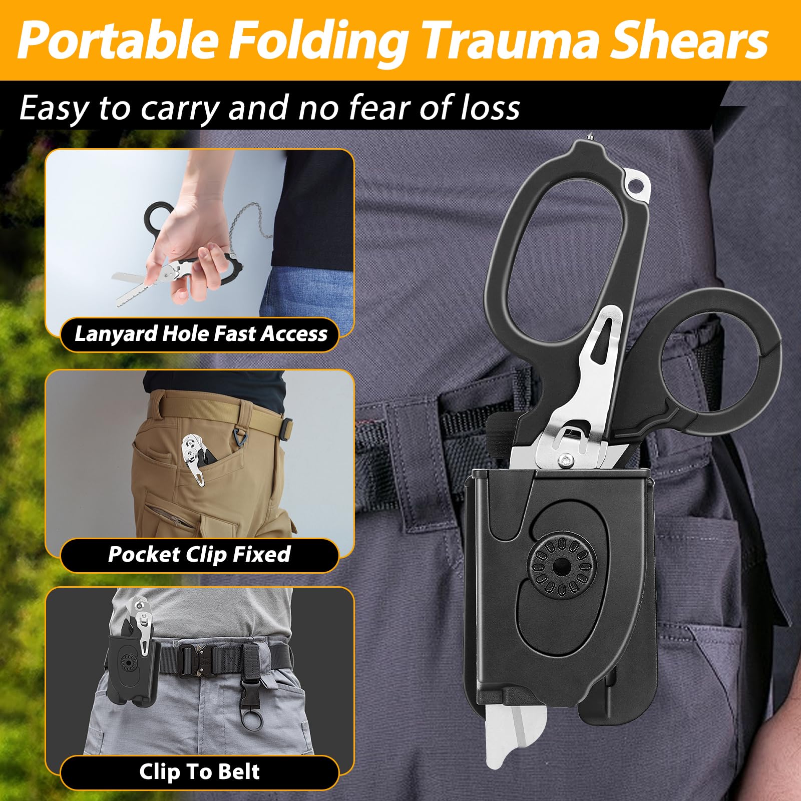 2er Pack 6-in-1 Trauma Schere mit Holster, Multifunktionale Rettungsschere mit Gurtschneider & Glasbrecher für Outdoor, Camping, Rettungsdienst, Erste Hilfe, Überlebenswerkzeuge - Schwarz