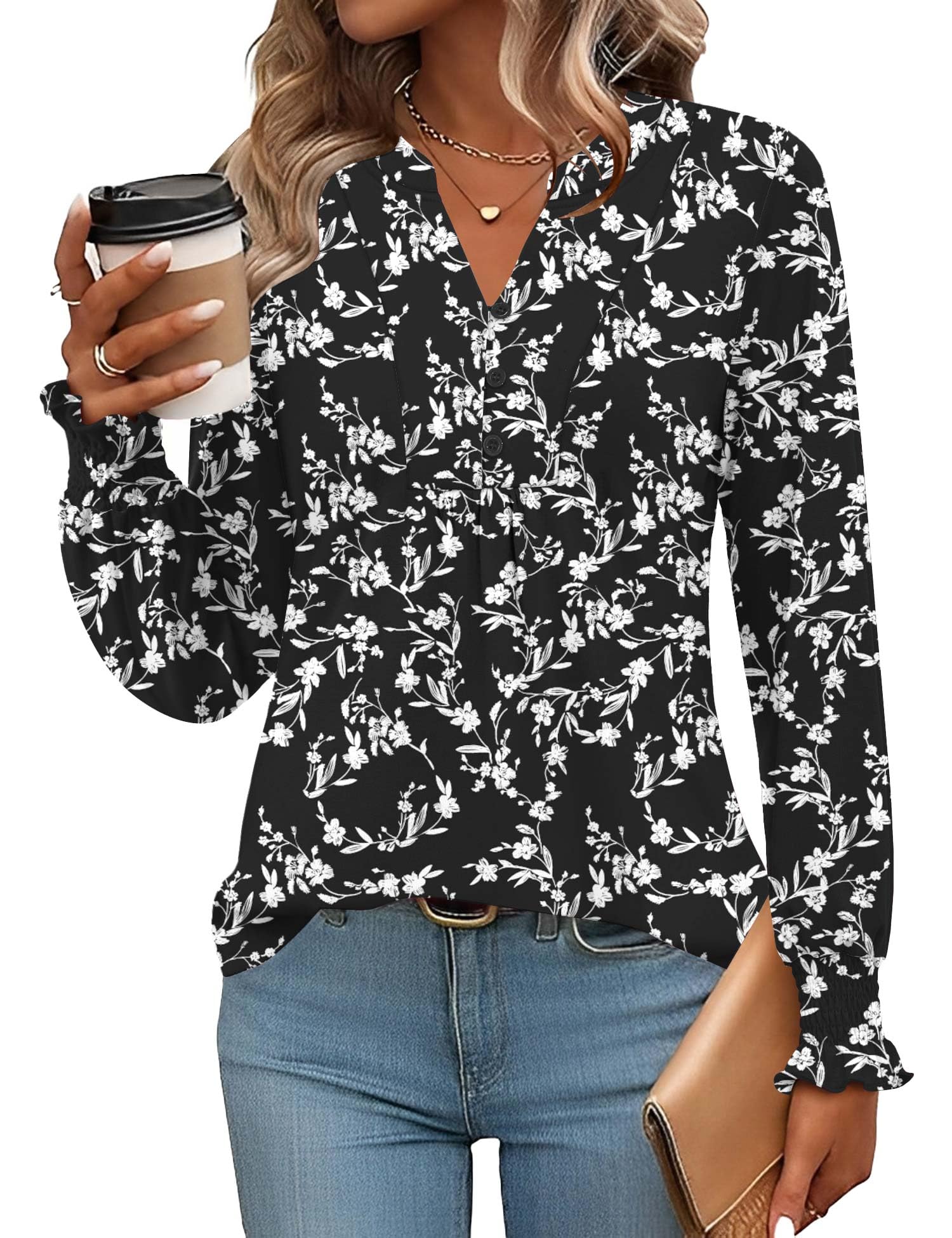 Rapbin Bluse Damen V-Ausschnitt Knopfleiste T-Shirt Tunika Kurzarm Top Sommer Oberteile Elegant Casual