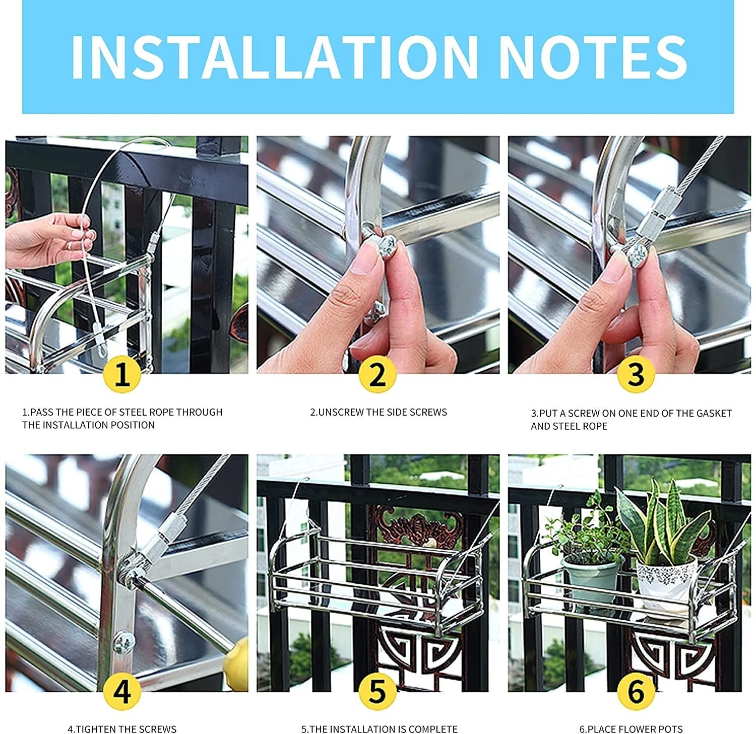 Supporto per Piante, Portavasi per Fiori, Portavasi Sospeso, in Acciaio Inox, con Ringhiera Regolabile E Appesa al Balcone Esterno, alla Recinzione Esterna O al Ponte.